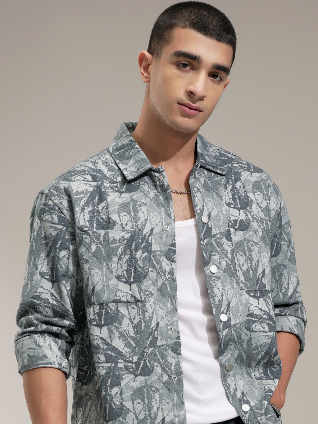 Highlander Men Grey Self Design Slim Fit Casual Shirt - Grey - Image 1