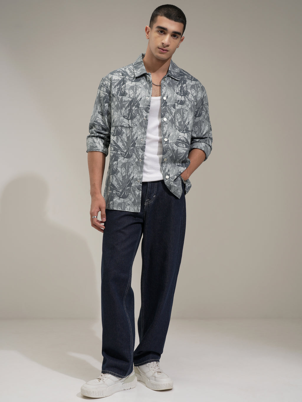 Highlander Men Grey Self Design Slim Fit Casual Shirt - Grey - Image 2