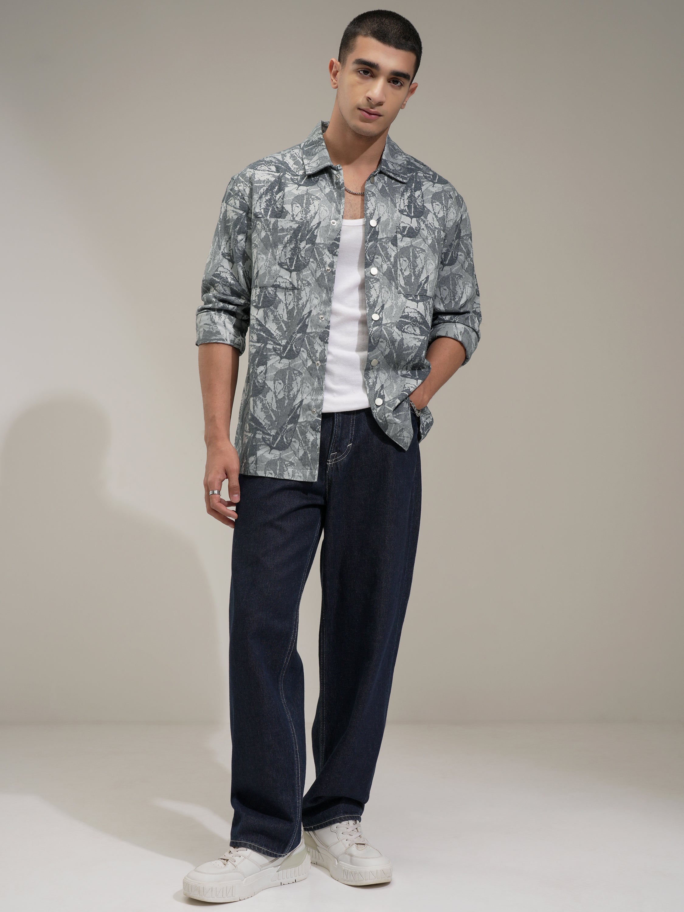Highlander Men Grey Self Design Slim Fit Casual Shirt - Grey - Image 2