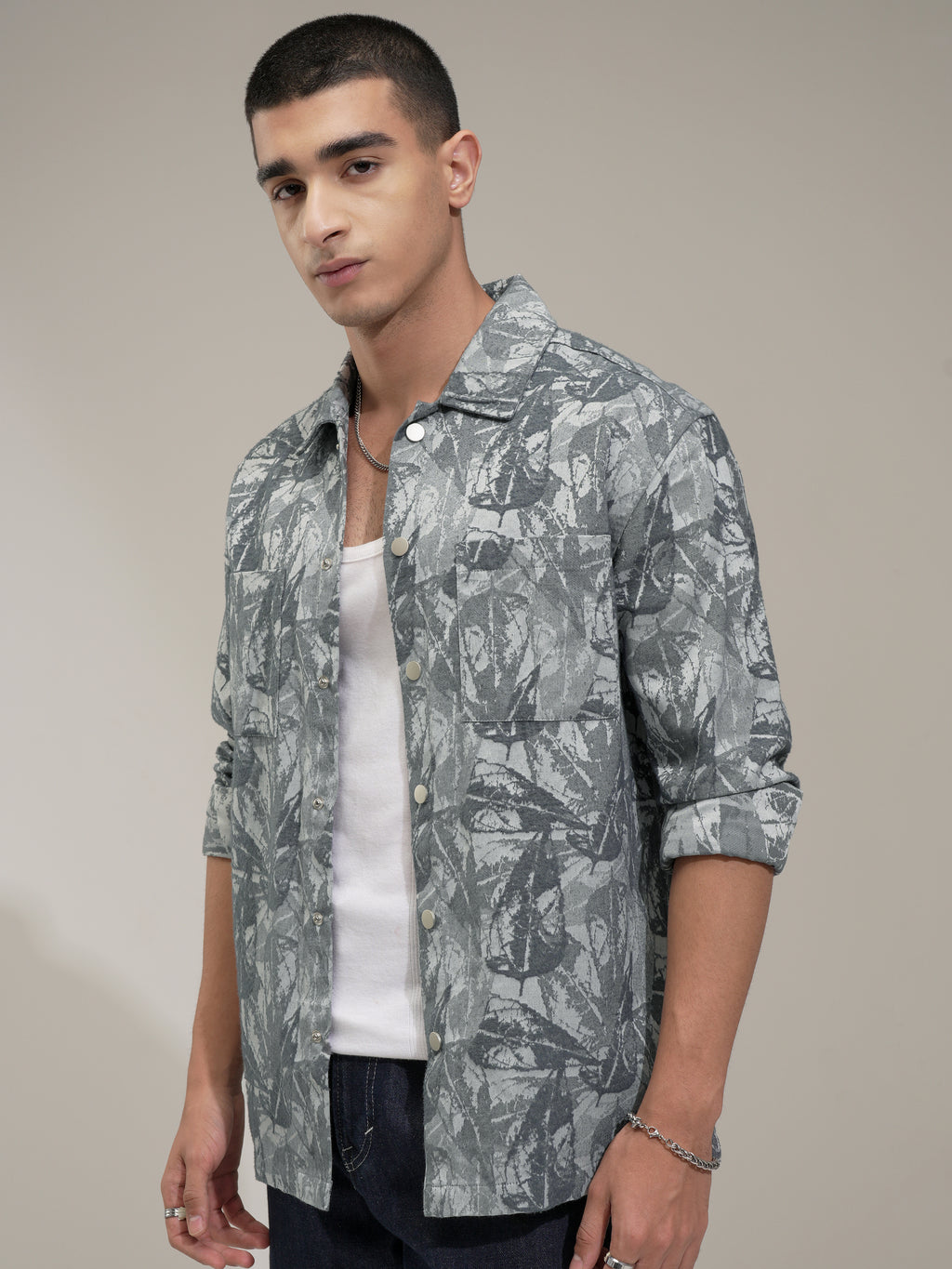Highlander Men Grey Self Design Slim Fit Casual Shirt - Grey - Image 4