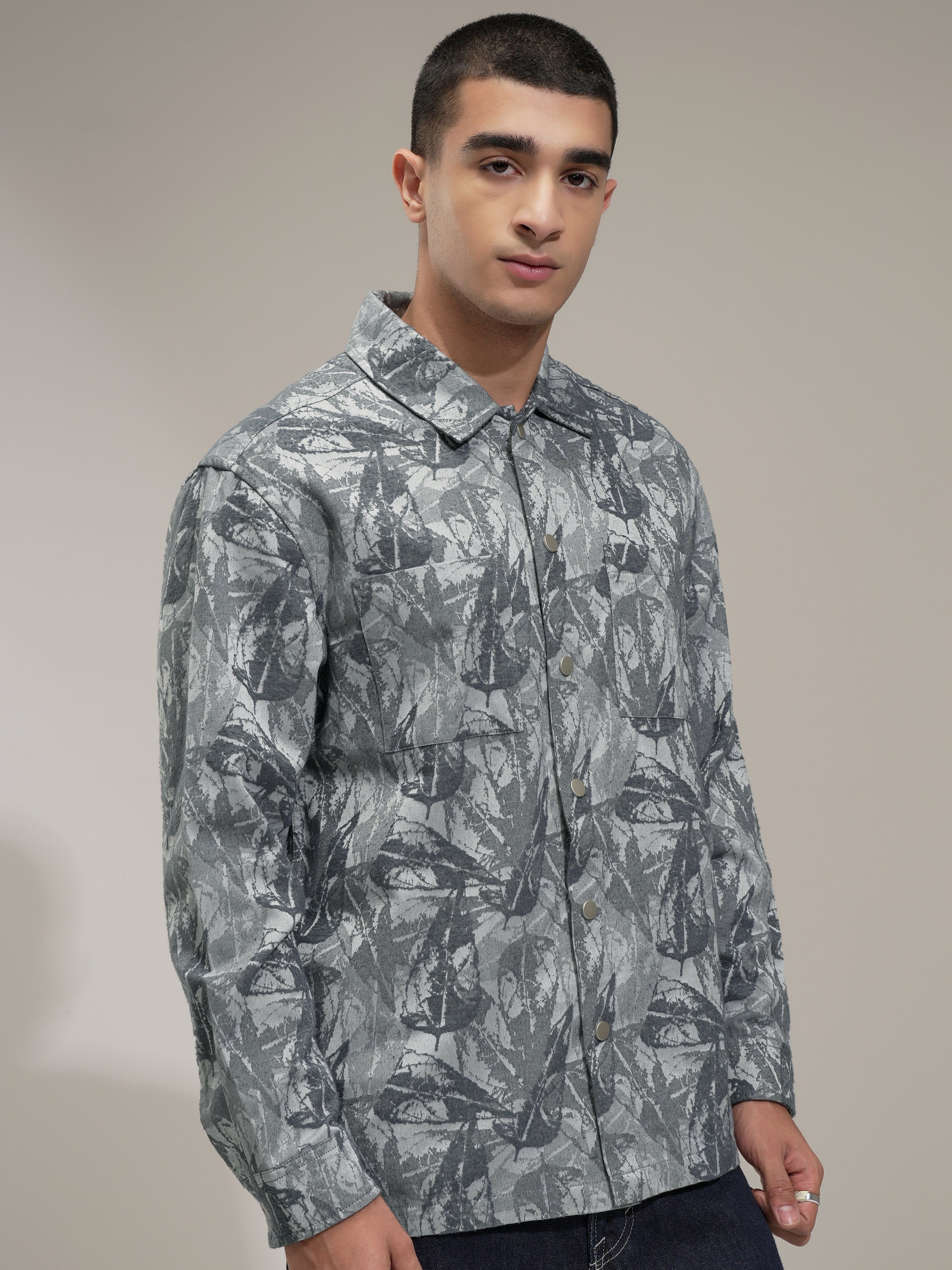 Highlander Men Grey Self Design Slim Fit Casual Shirt - Grey - Image 6