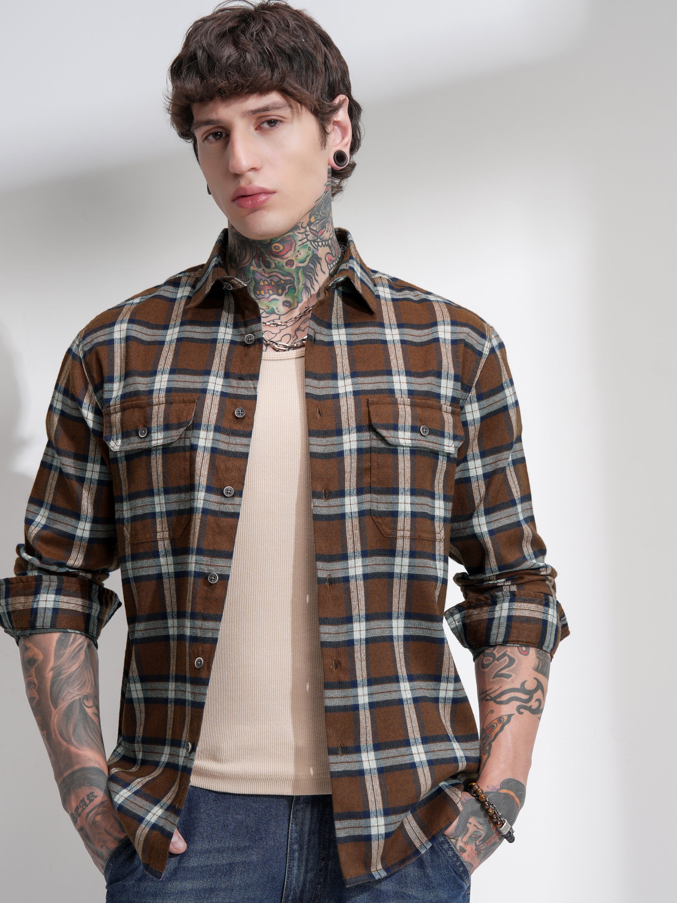 Highlander Men Brown Checked Relaxed Fit Casual Shirt - Brown - Image 1