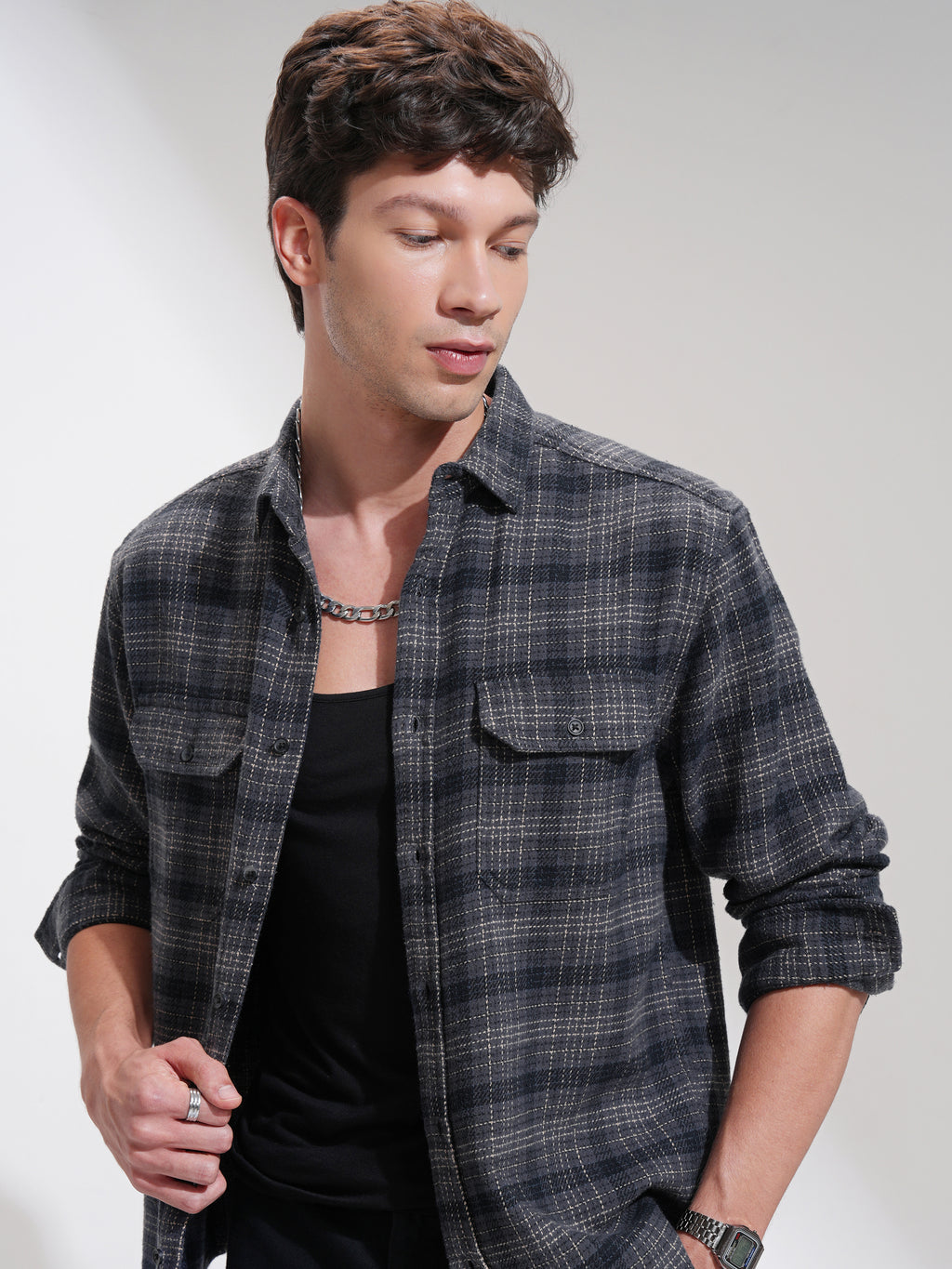 Highlander Men Grey Checked Relaxed Fit Casual Shirt - Grey - Image 1