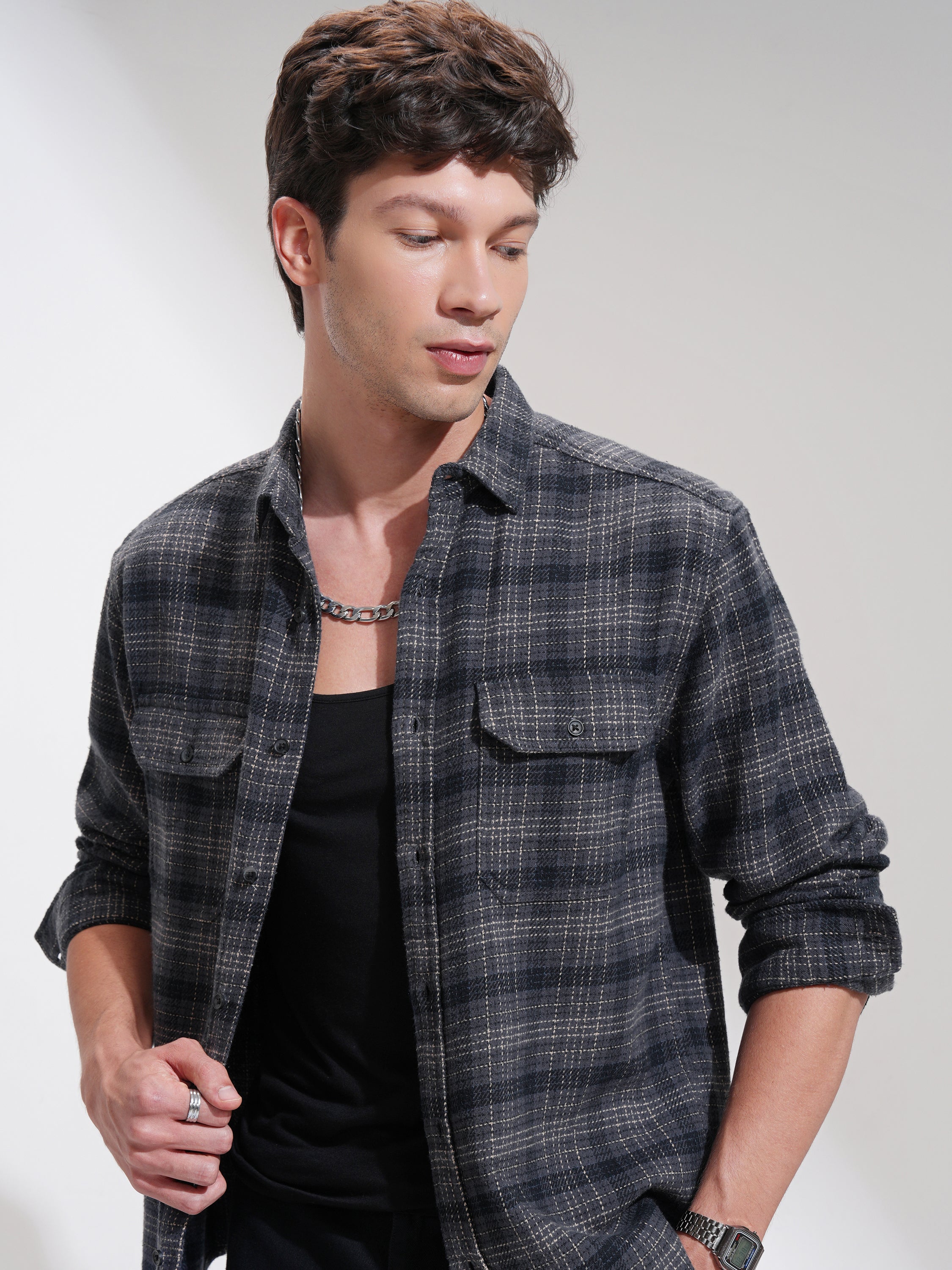 Highlander Men Grey Checked Relaxed Fit Casual Shirt - Grey - Image 1