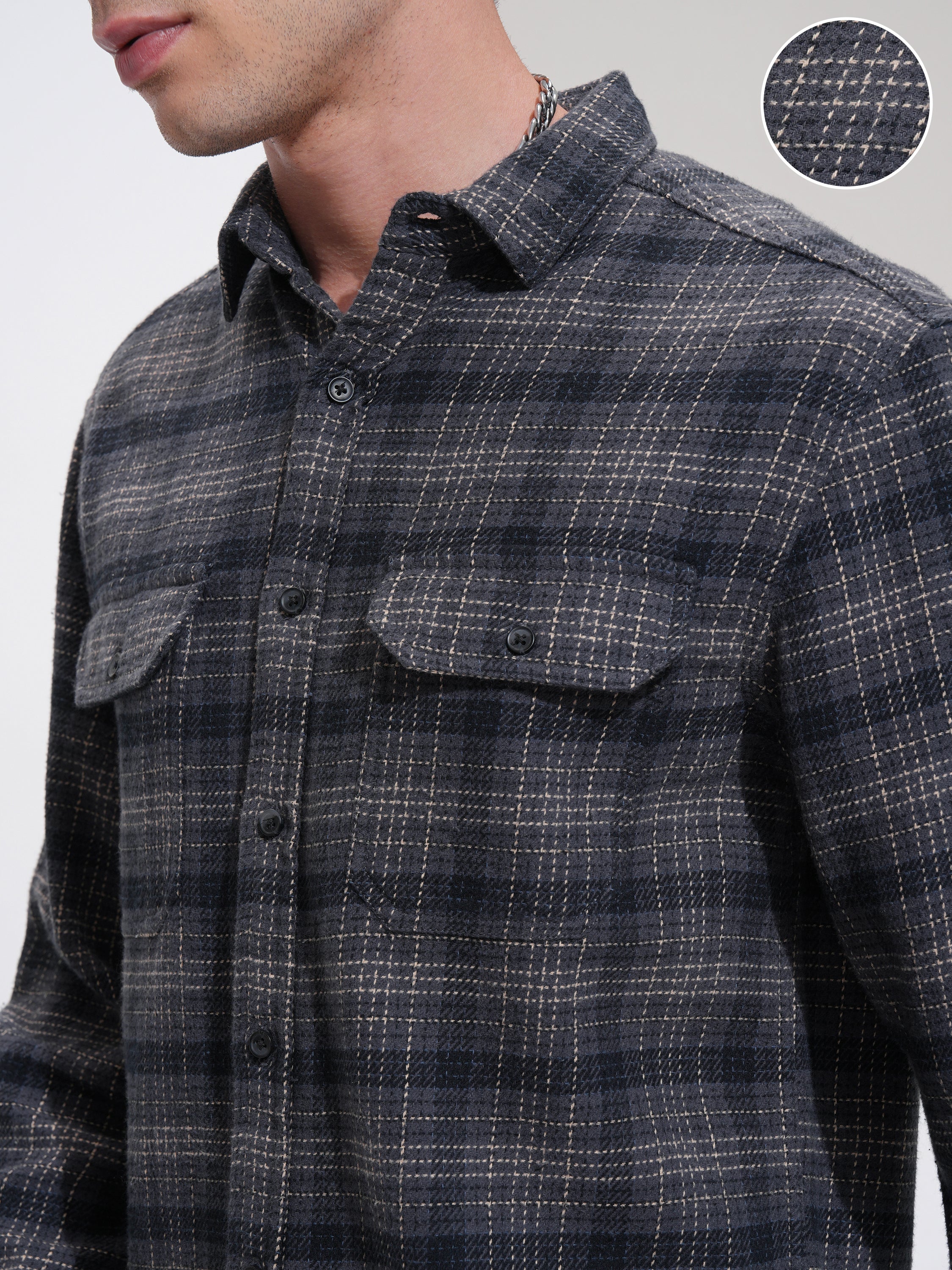 Highlander Men Grey Checked Relaxed Fit Casual Shirt - Grey - Image 5