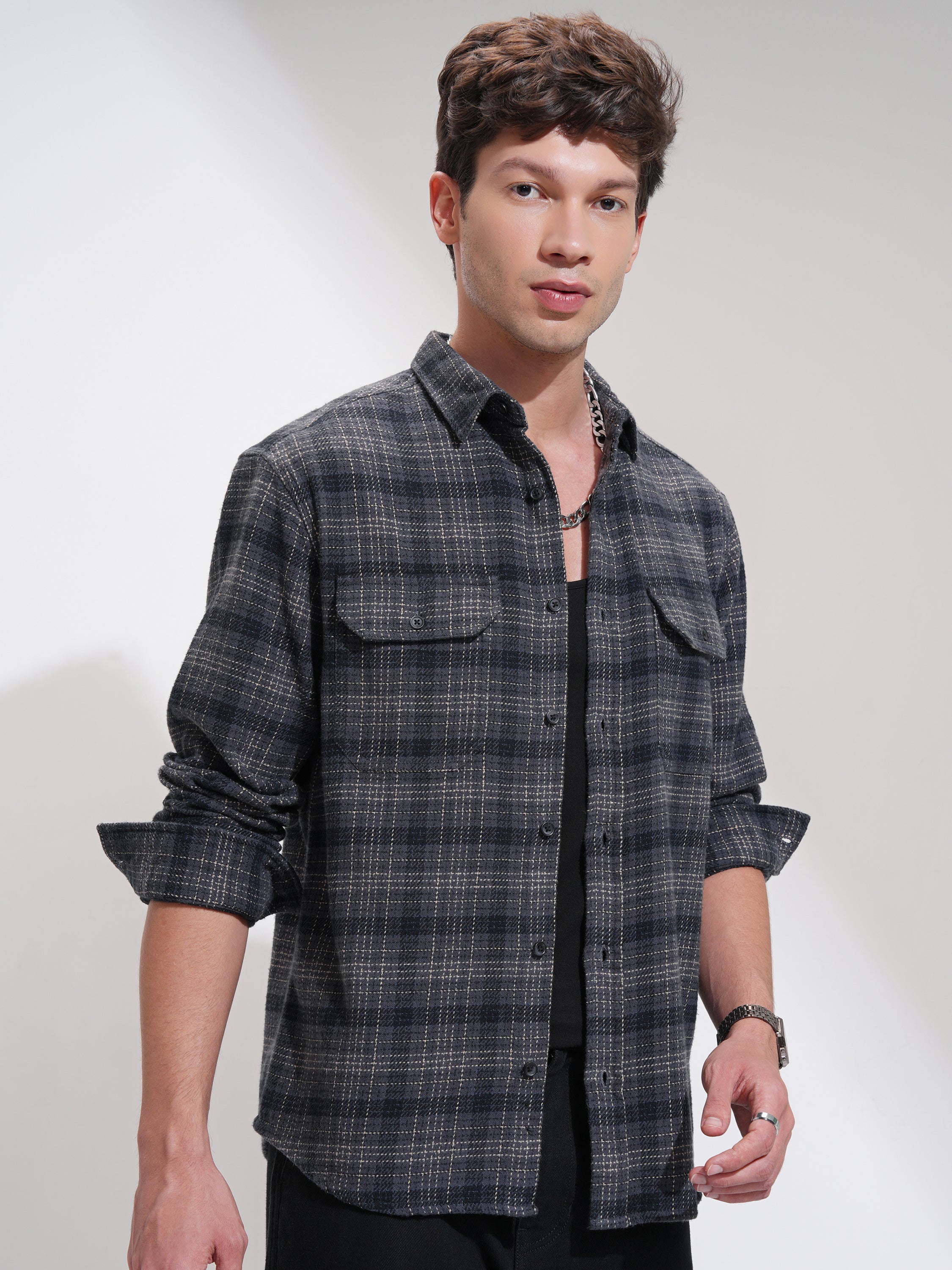 Highlander Men Grey Checked Relaxed Fit Casual Shirt - Grey - Image 6