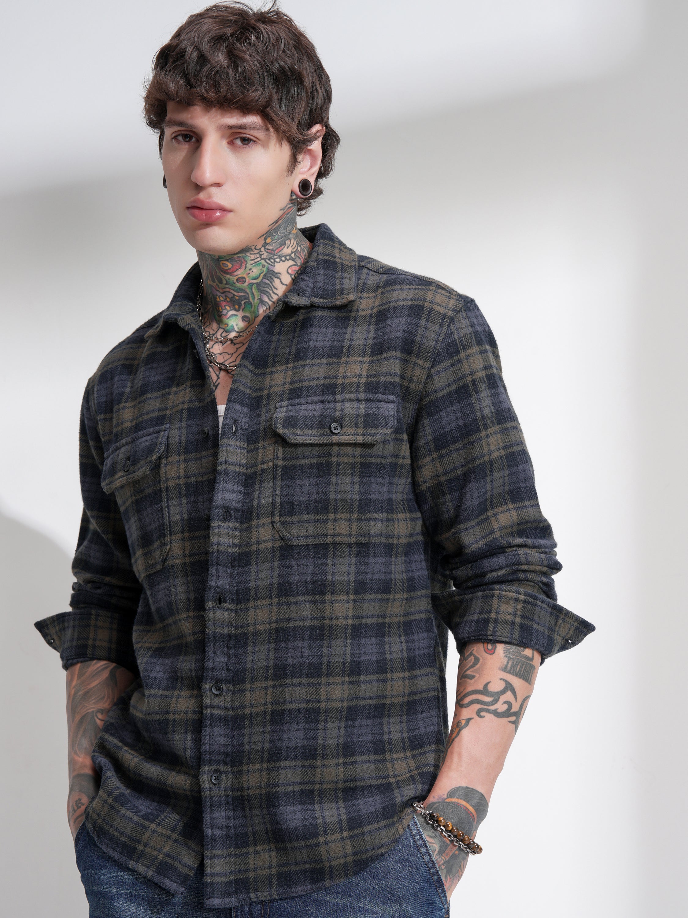 Highlander Men Navy Blue Checked Relaxed Fit Casual Shirt - Navy Blue - Image 1