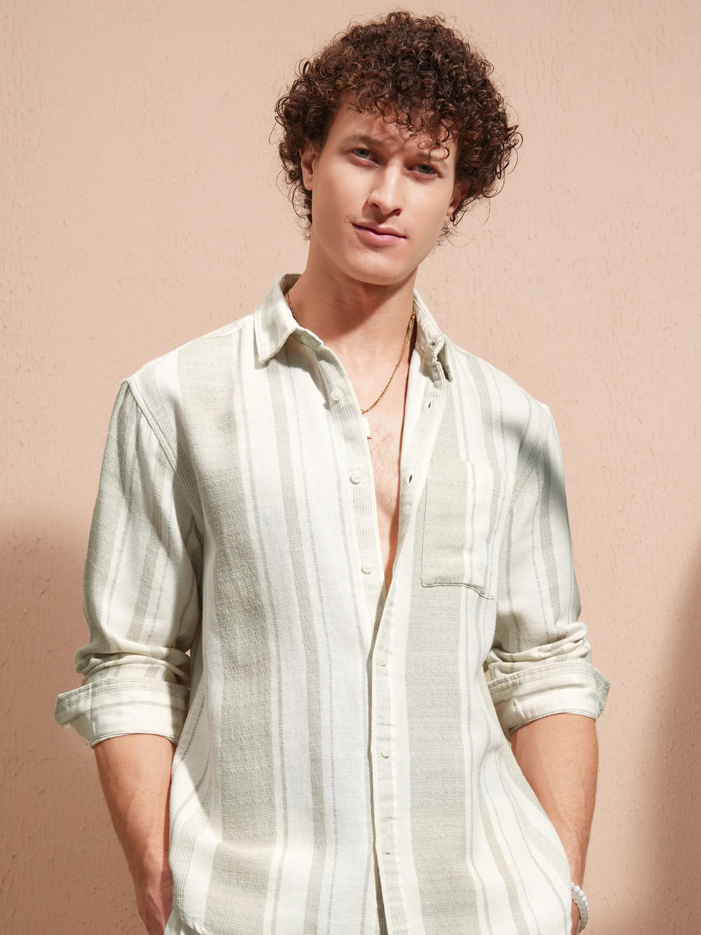 Highlander Men Cream Striped Relaxed Fit Casual Shirt - Cream - Image 1