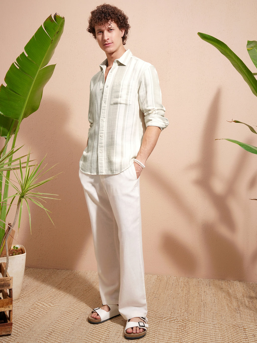 Highlander Men Cream Striped Relaxed Fit Casual Shirt - Cream - Image 2