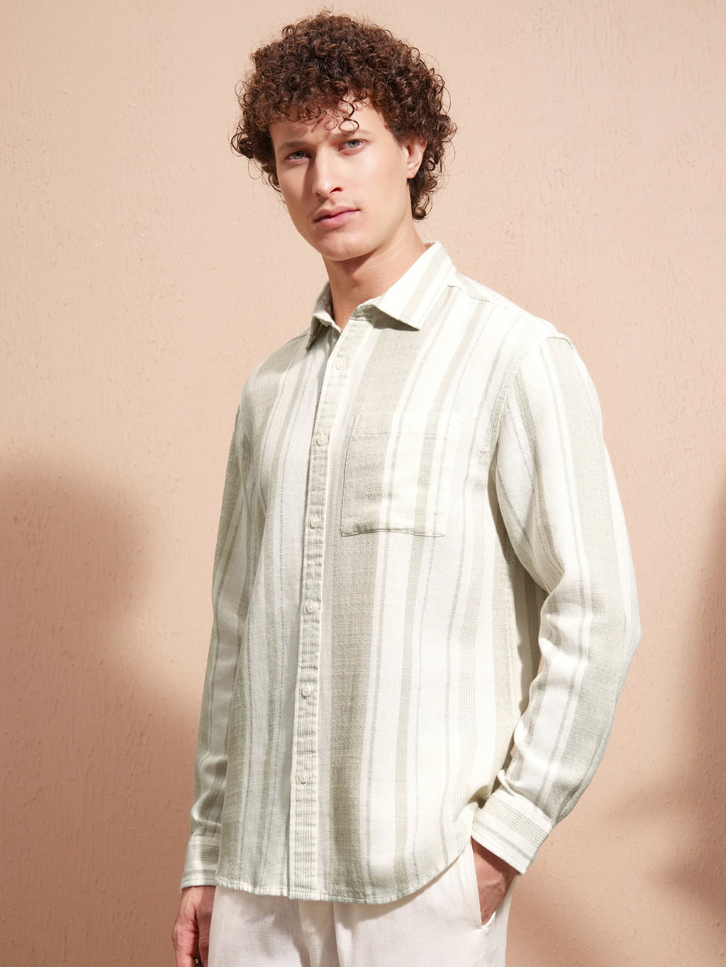 Highlander Men Cream Striped Relaxed Fit Casual Shirt - Cream - Image 4