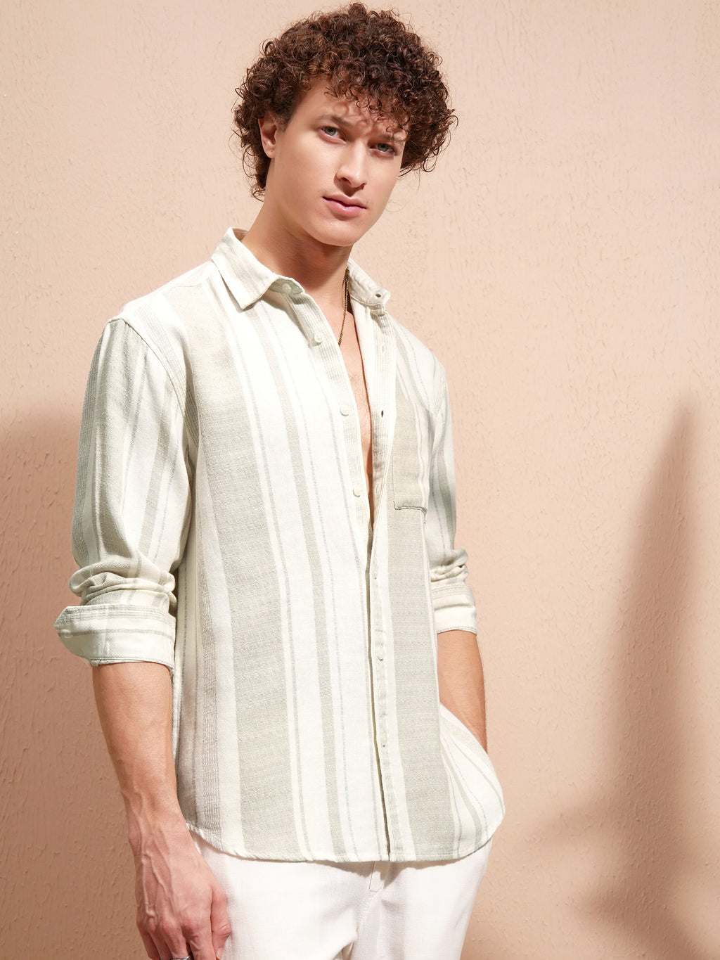 Highlander Men Cream Striped Relaxed Fit Casual Shirt - Cream - Image 6
