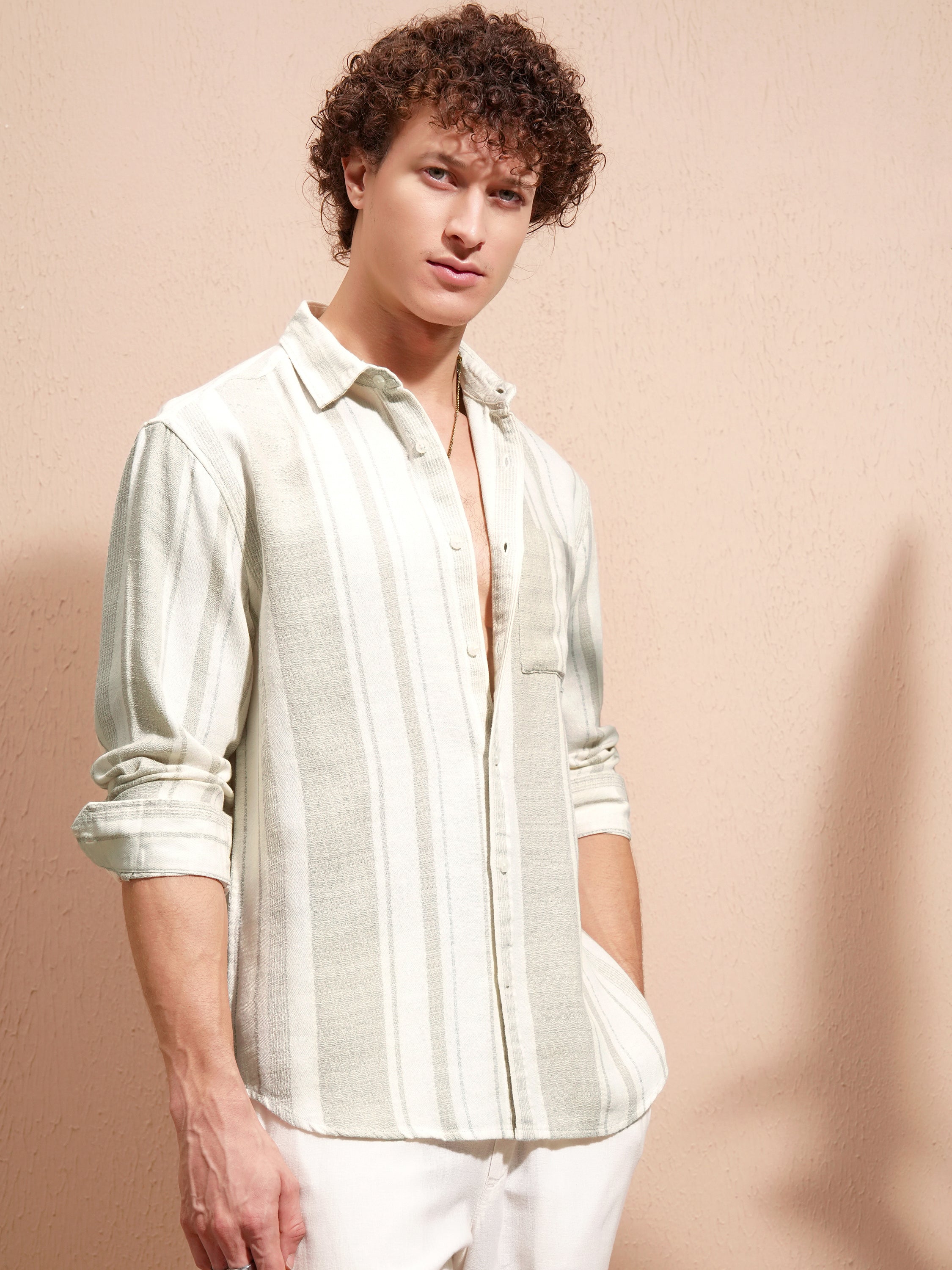 Highlander Men Cream Striped Relaxed Fit Casual Shirt - Cream - Image 6