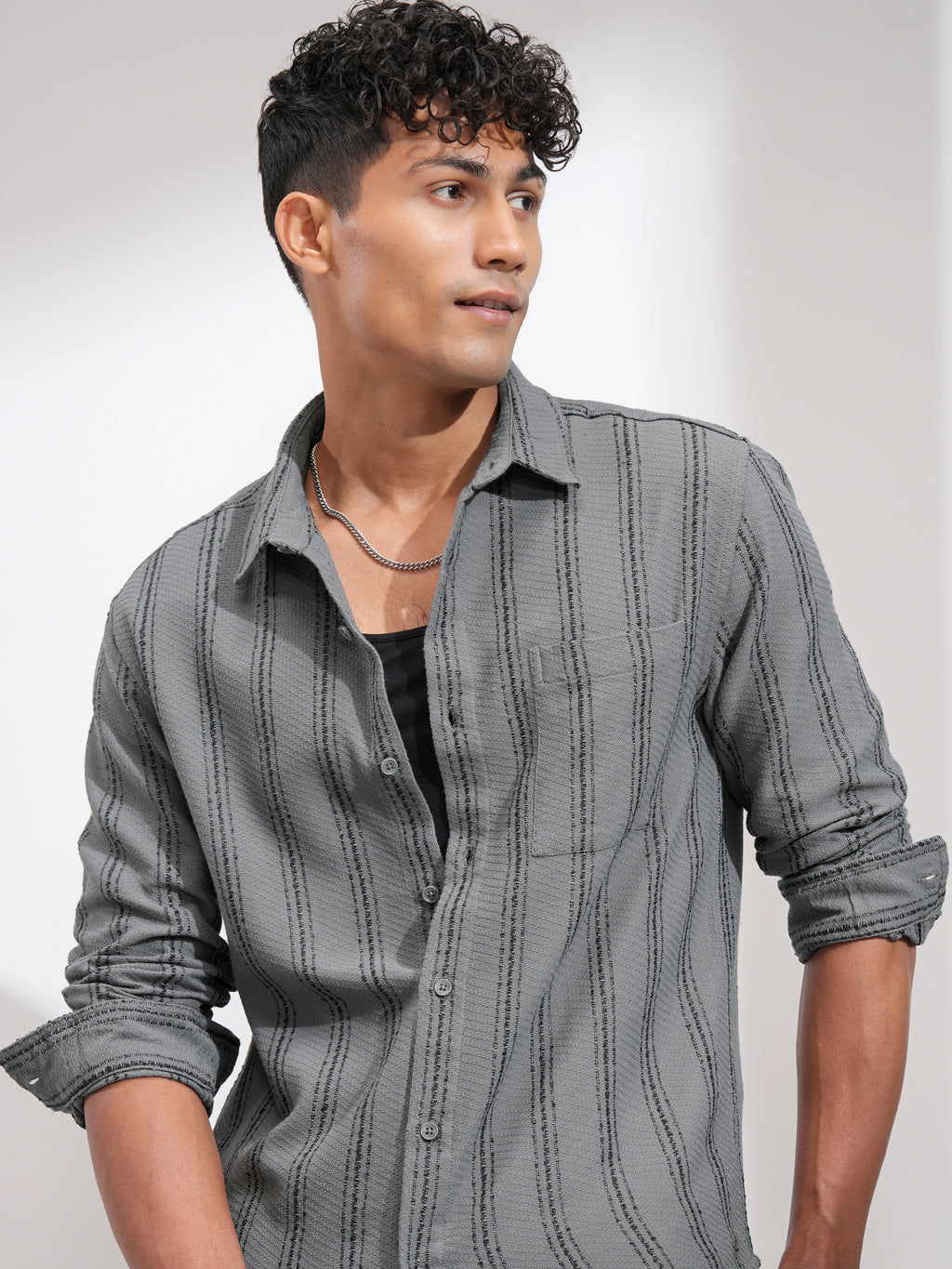Highlander Men Grey Striped Relaxed Fit Casual Shirt - Grey - Image 1