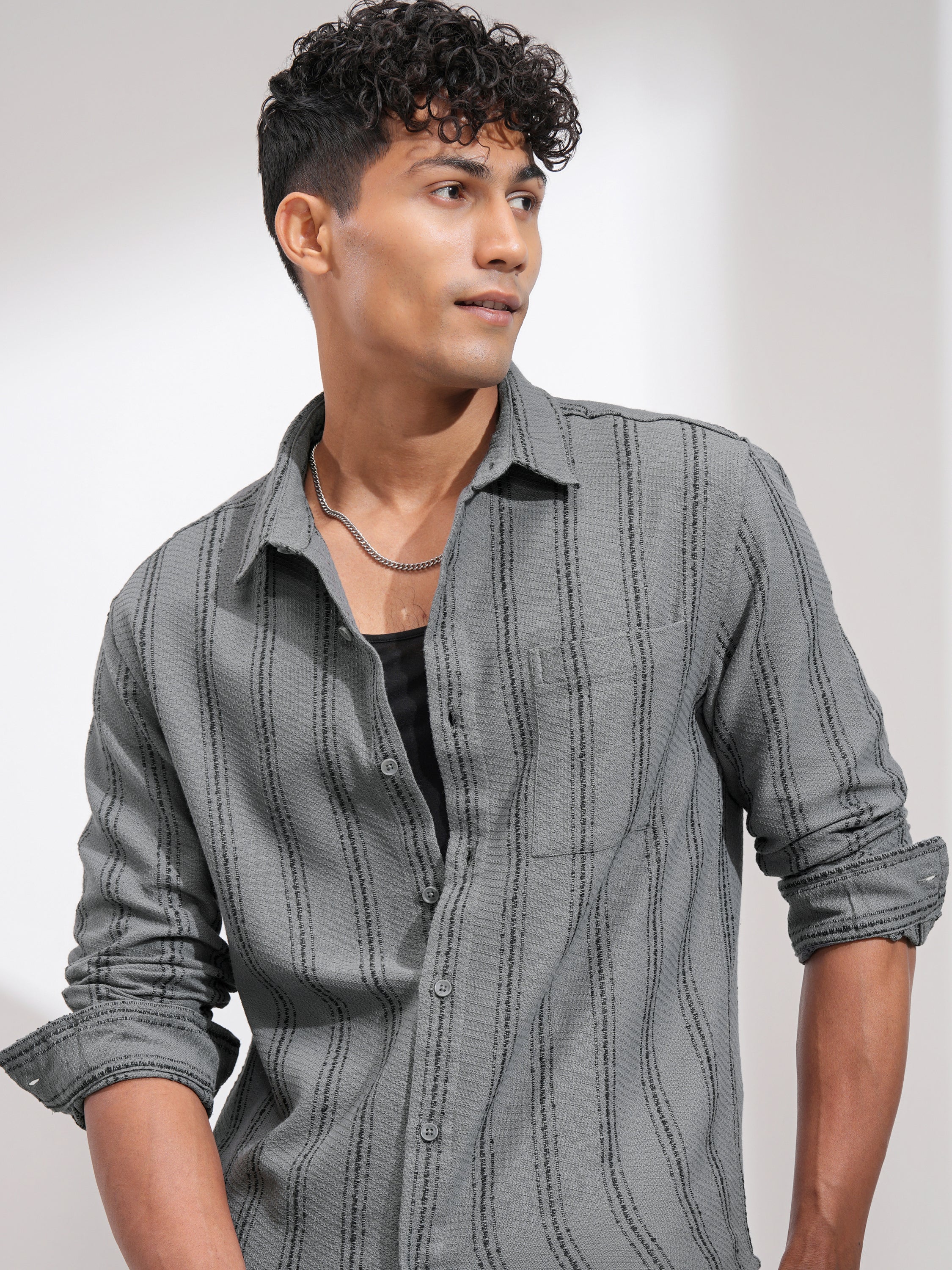 Highlander Men Grey Striped Relaxed Fit Casual Shirt - Grey - Image 1