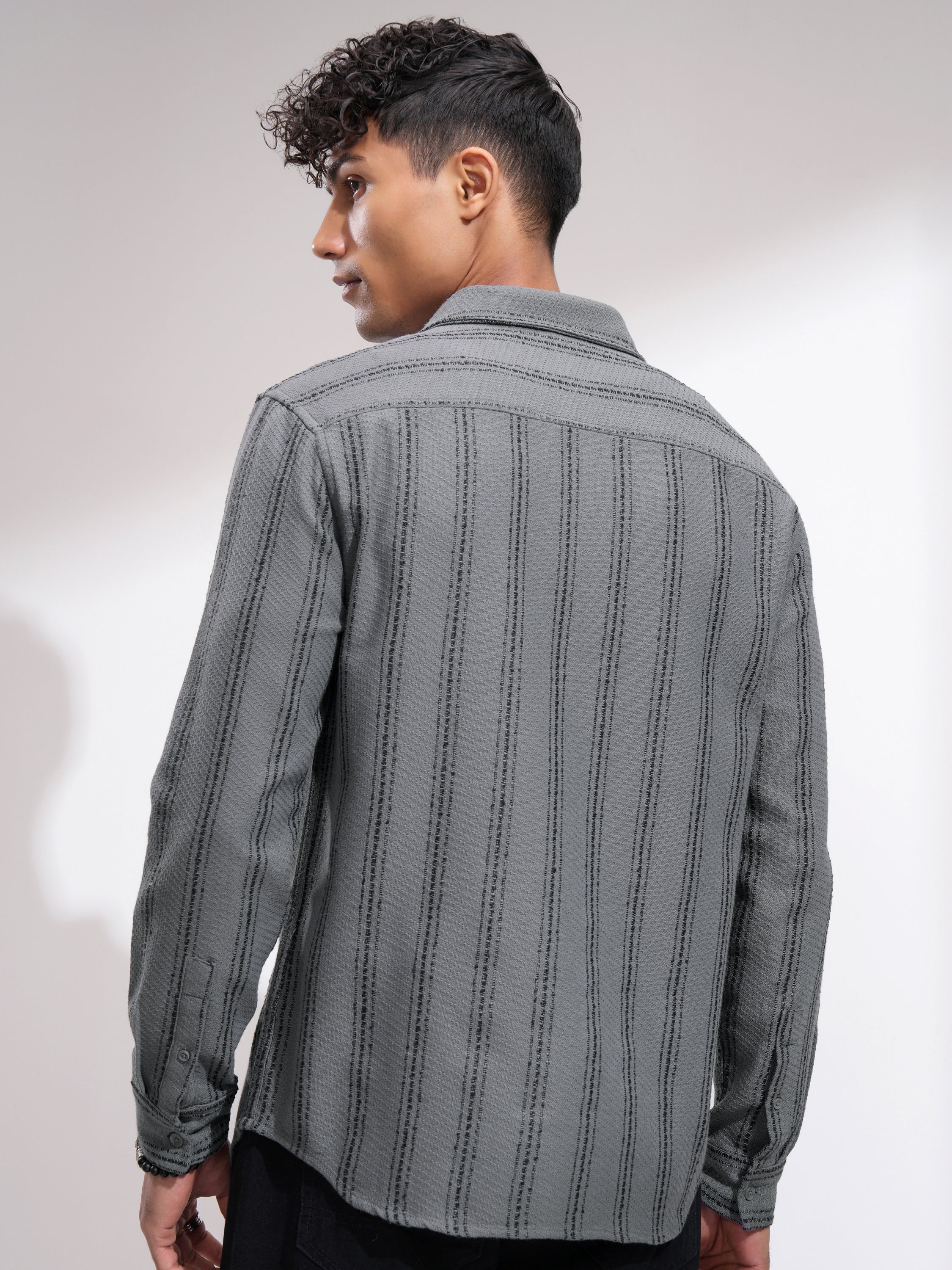 Highlander Men Grey Striped Relaxed Fit Casual Shirt - Grey - Image 3