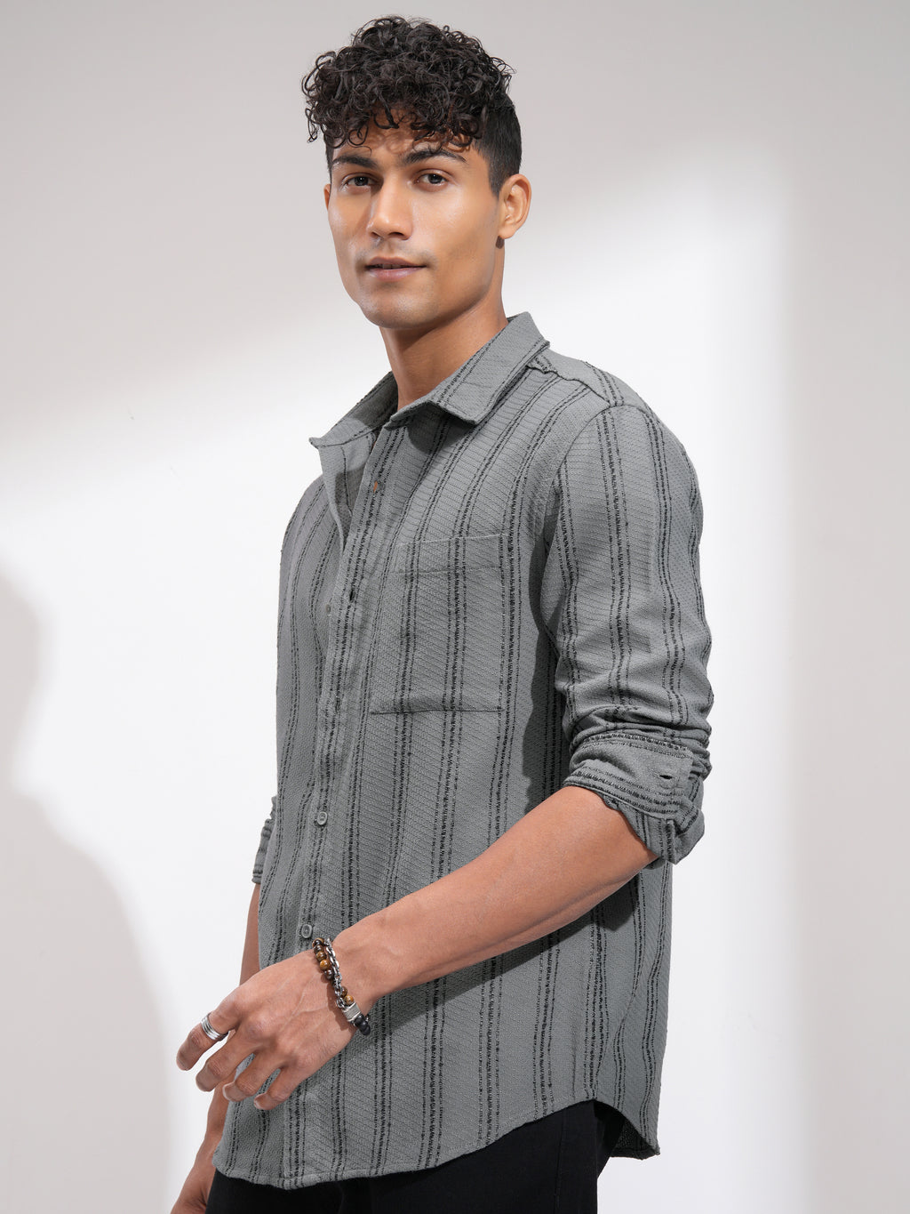 Highlander Men Grey Striped Relaxed Fit Casual Shirt - Grey - Image 4