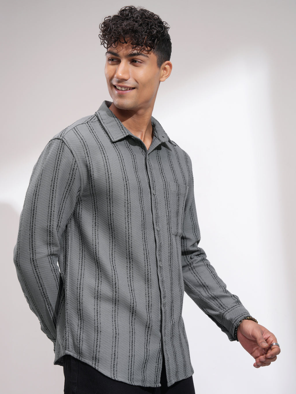 Highlander Men Grey Striped Relaxed Fit Casual Shirt - Grey - Image 6