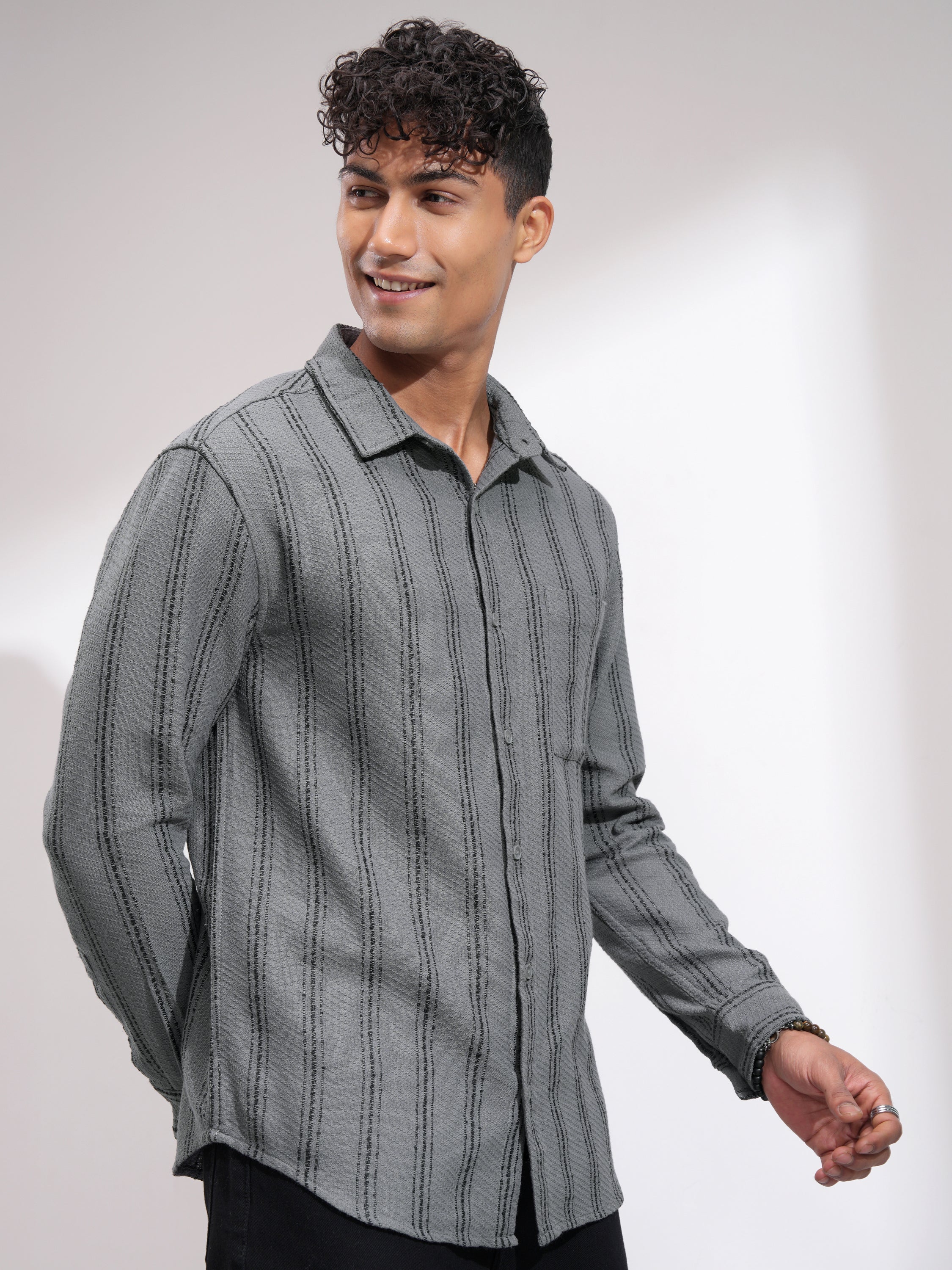 Highlander Men Grey Striped Relaxed Fit Casual Shirt - Grey - Image 6