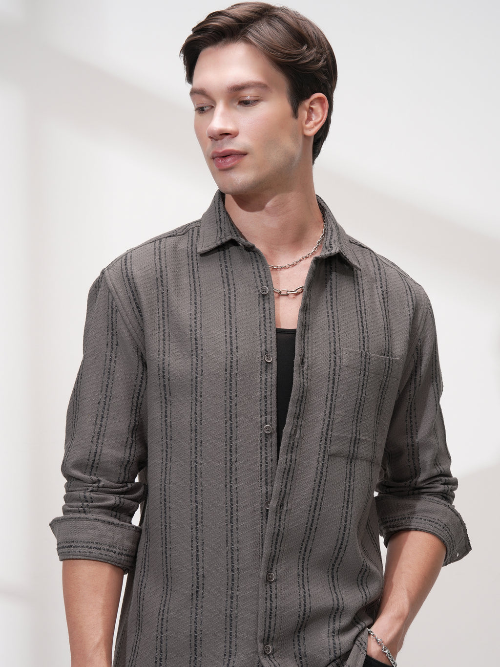 Highlander Men Grey Striped Relaxed Fit Casual Shirt - Grey - Image 1