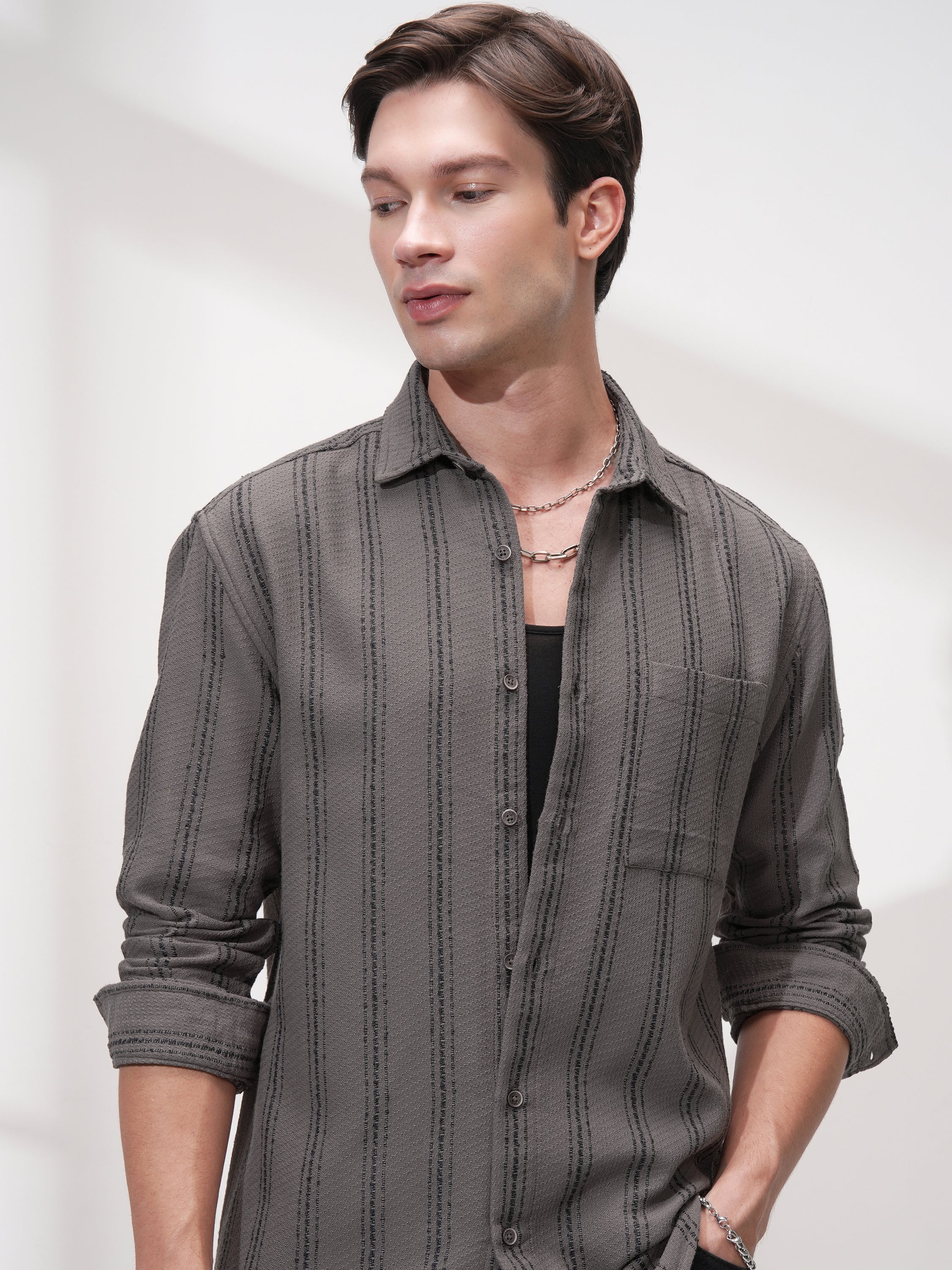 Highlander Men Grey Striped Relaxed Fit Casual Shirt - Grey - Image 1