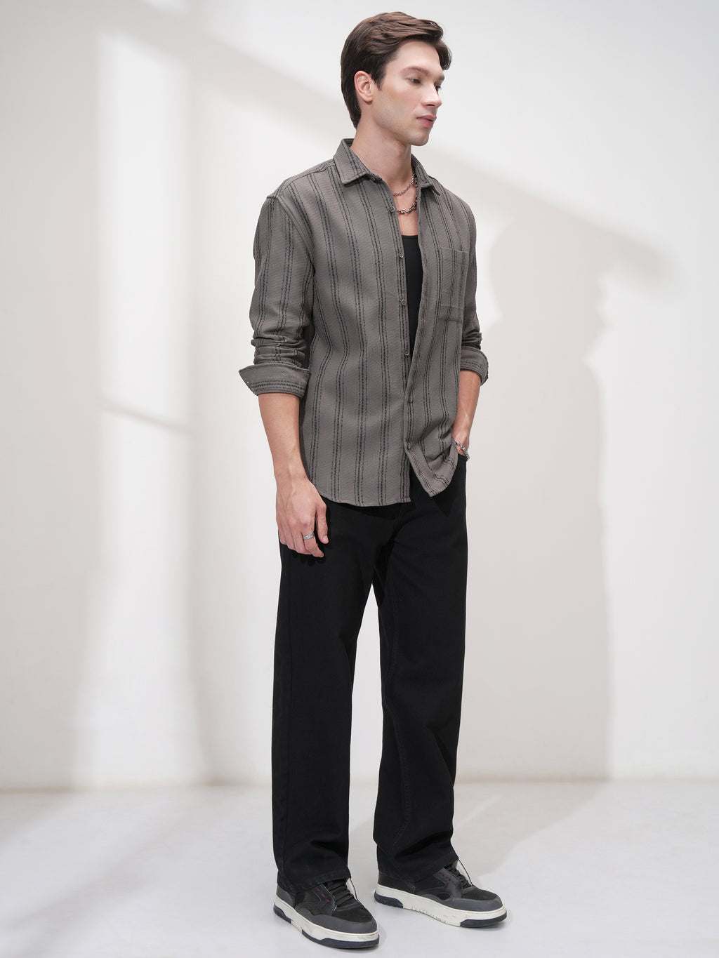 Highlander Men Grey Striped Relaxed Fit Casual Shirt - Grey - Image 2