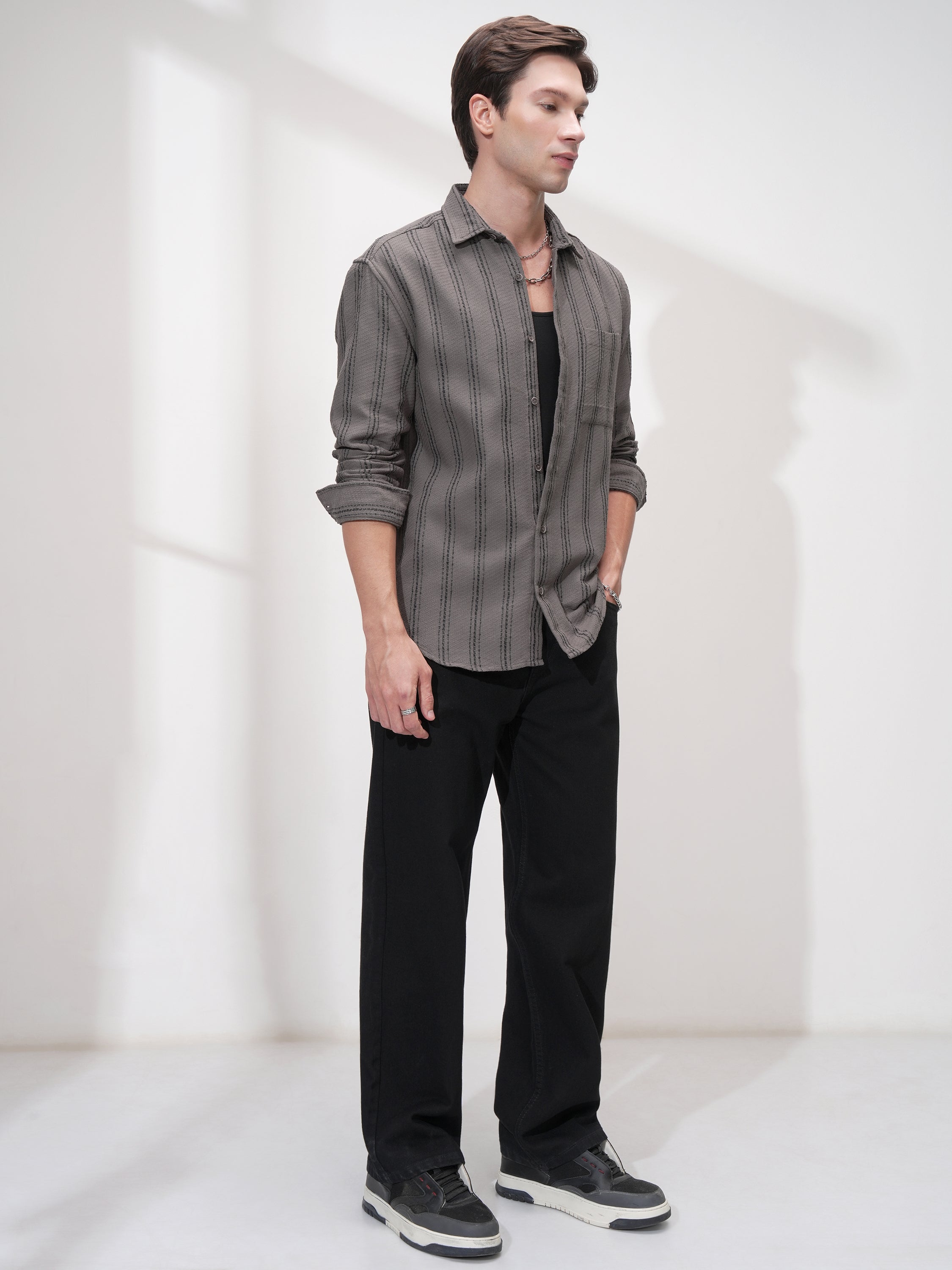 Highlander Men Grey Striped Relaxed Fit Casual Shirt - Grey - Image 2