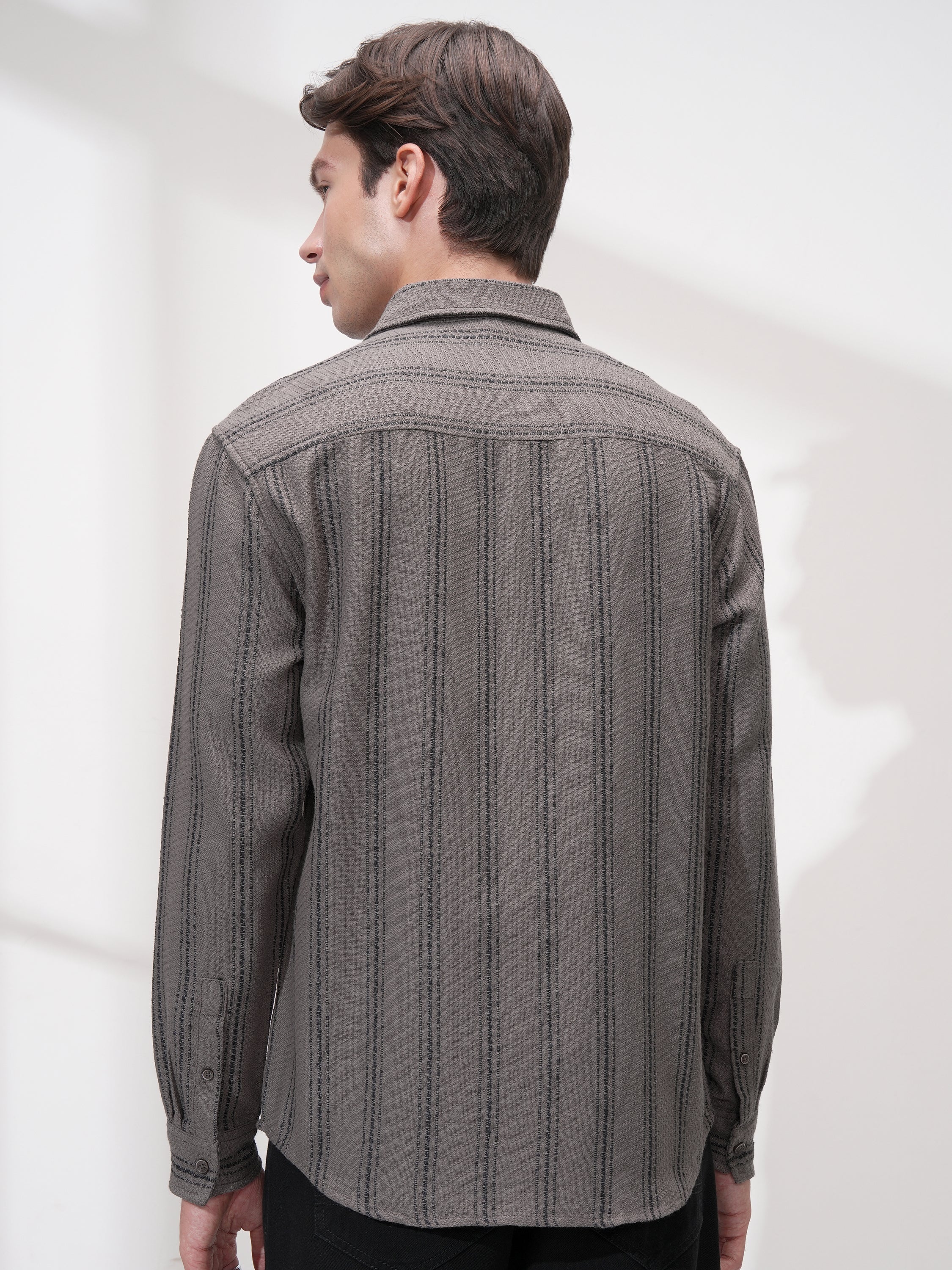 Highlander Men Grey Striped Relaxed Fit Casual Shirt - Grey - Image 3