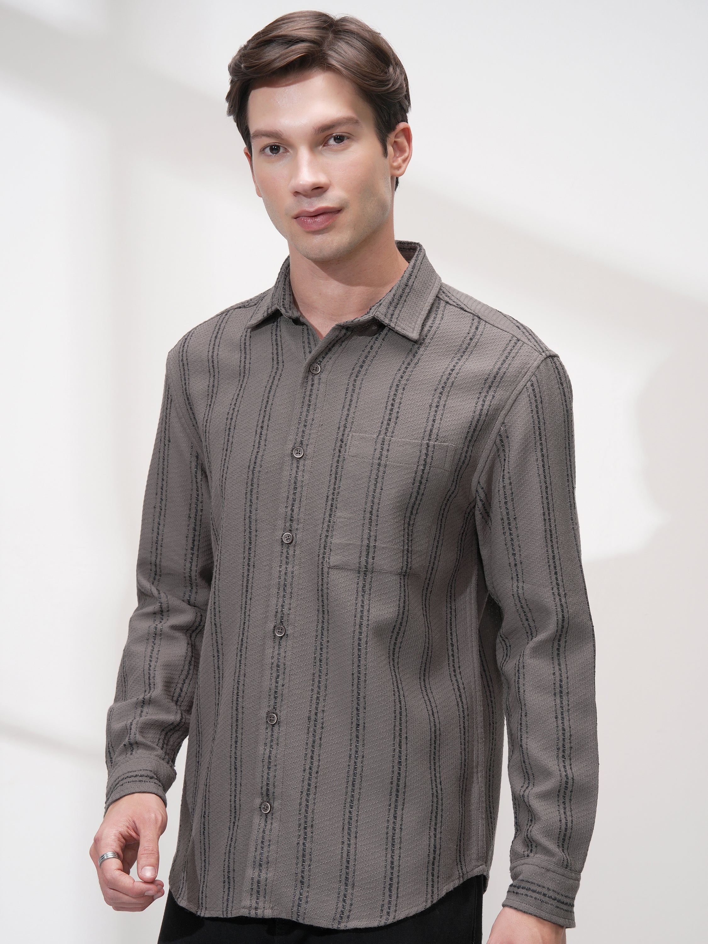 Highlander Men Grey Striped Relaxed Fit Casual Shirt - Grey - Image 4