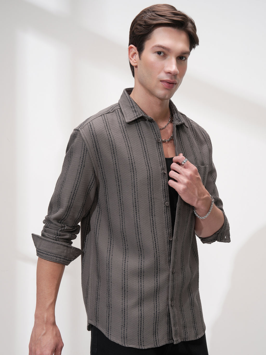 Highlander Men Grey Striped Relaxed Fit Casual Shirt - Grey - Image 6