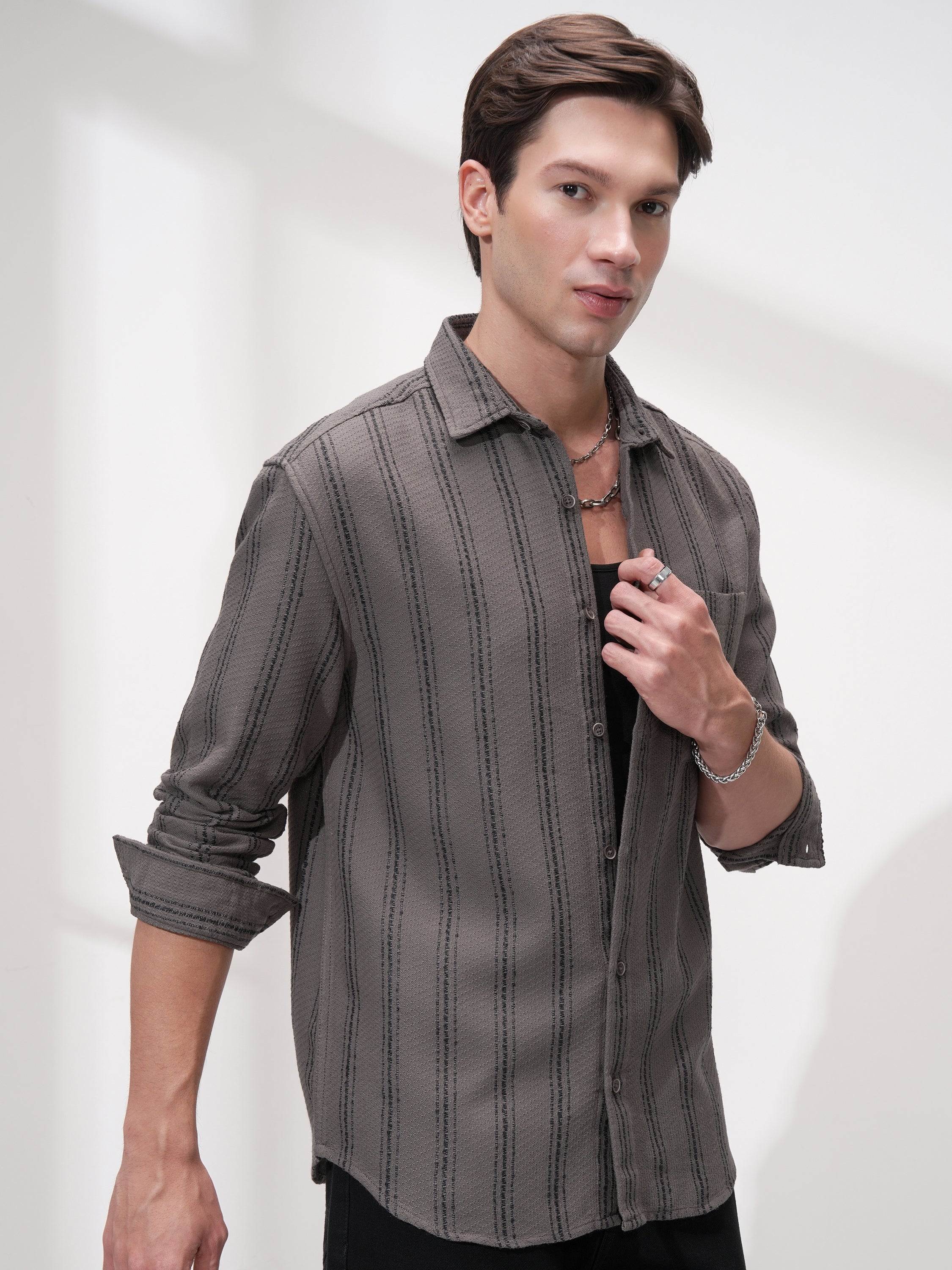 Highlander Men Grey Striped Relaxed Fit Casual Shirt - Grey - Image 6