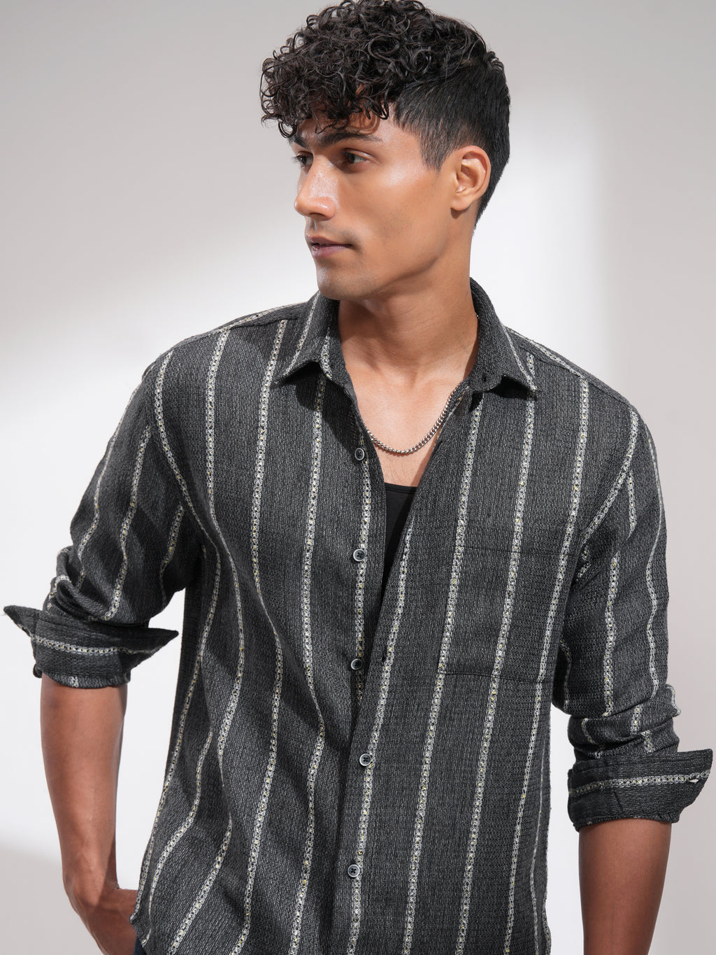 Highlander Men Charcoal Striped Relaxed Fit Casual Shirt - Charcoal - Image 1