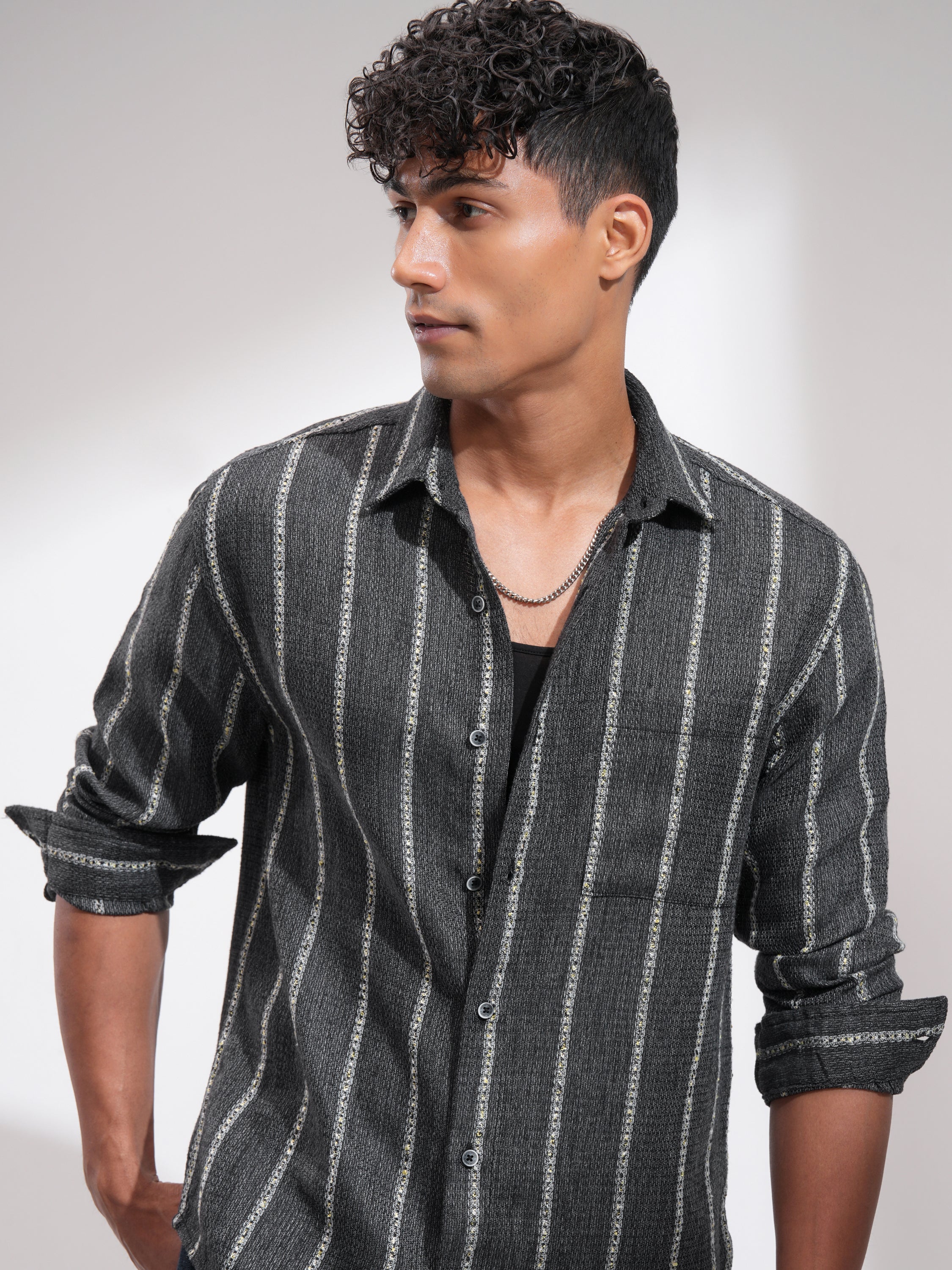Highlander Men Charcoal Striped Relaxed Fit Casual Shirt - Charcoal - Image 1