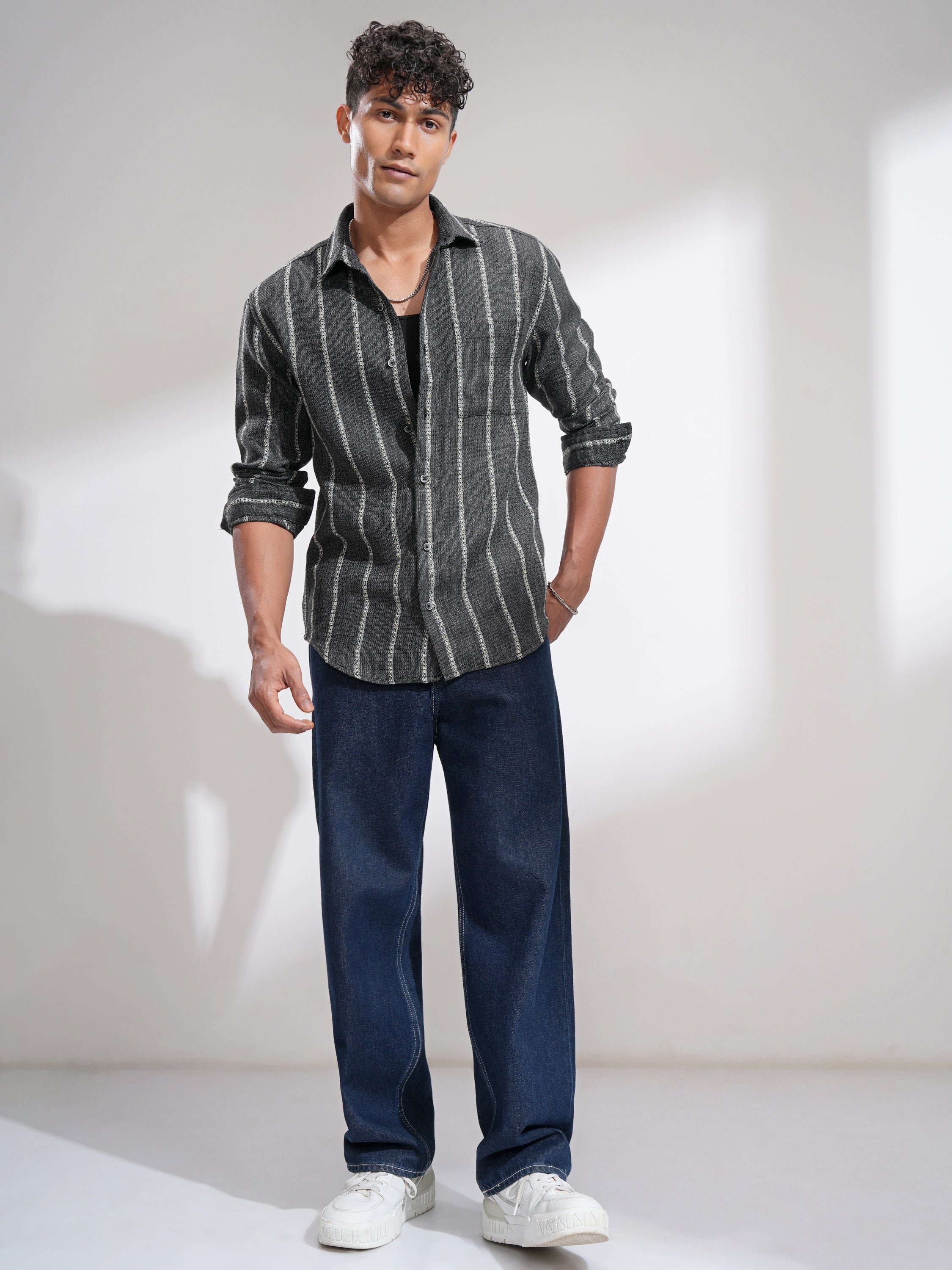Highlander Men Charcoal Striped Relaxed Fit Casual Shirt - Charcoal - Image 2