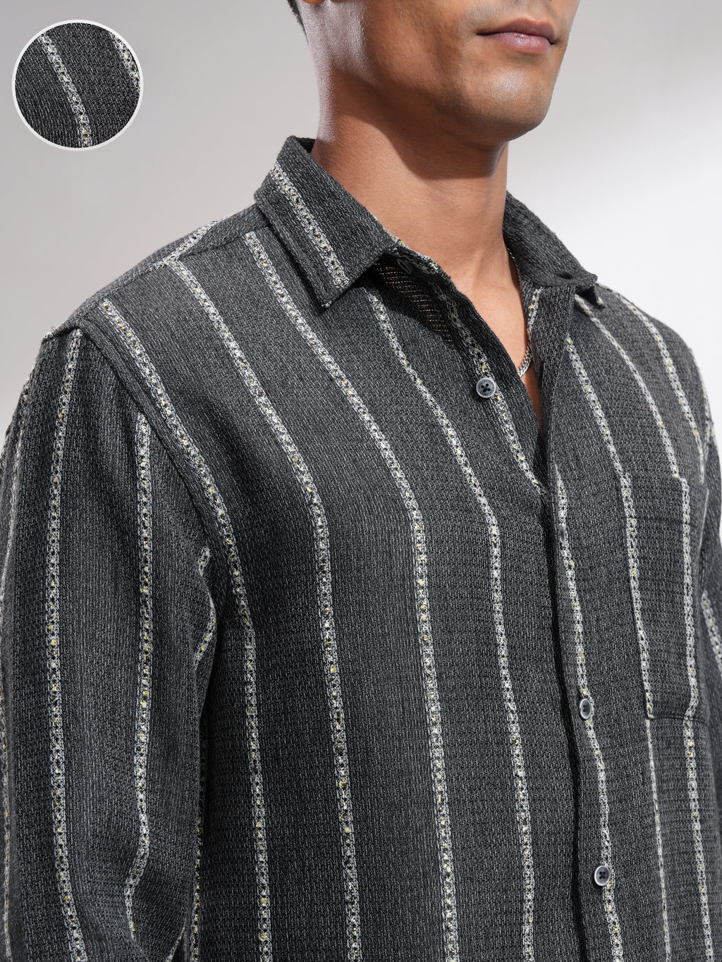Highlander Men Charcoal Striped Relaxed Fit Casual Shirt - Charcoal - Image 5