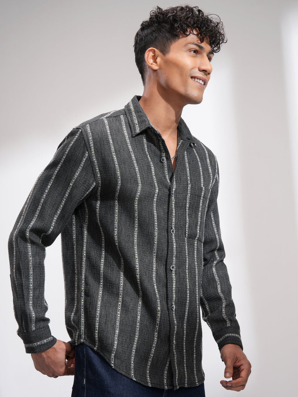 Highlander Men Charcoal Striped Relaxed Fit Casual Shirt - Charcoal - Image 6