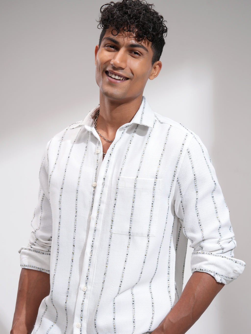 Highlander Men White Striped Relaxed Fit Casual Shirt - White - Image 1