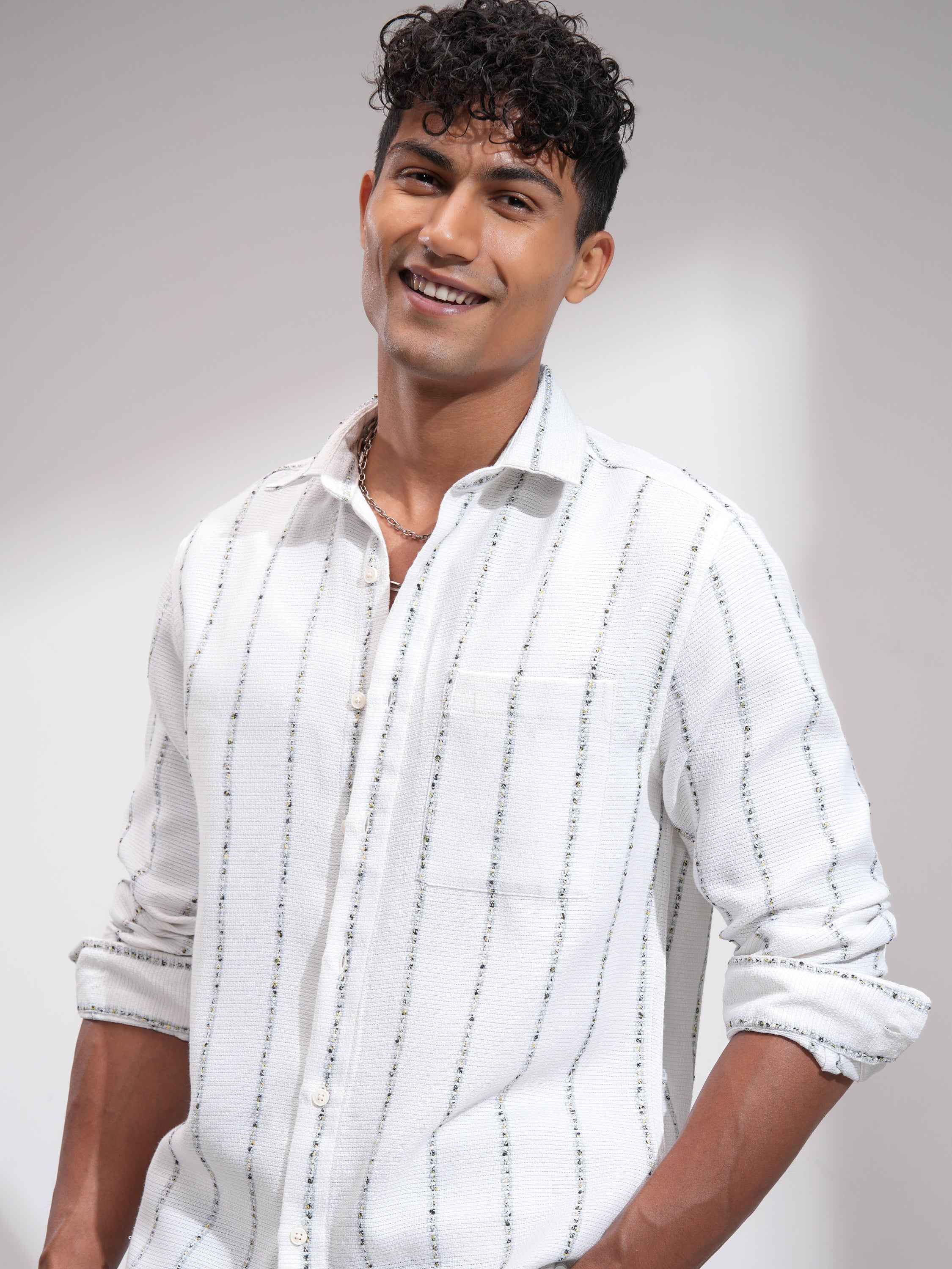 Highlander Men White Striped Relaxed Fit Casual Shirt - White - Image 1