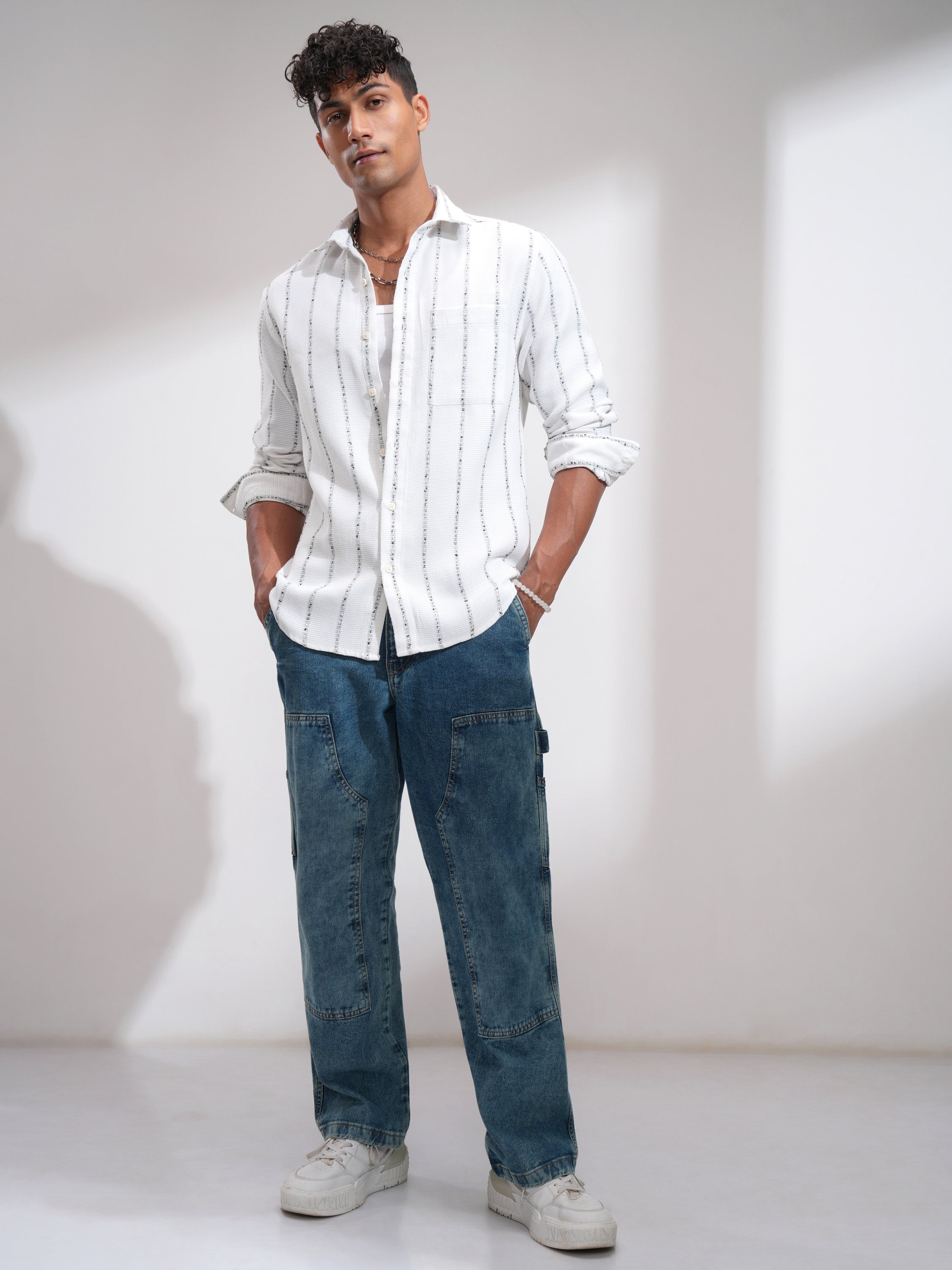 Highlander Men White Striped Relaxed Fit Casual Shirt - White - Image 2
