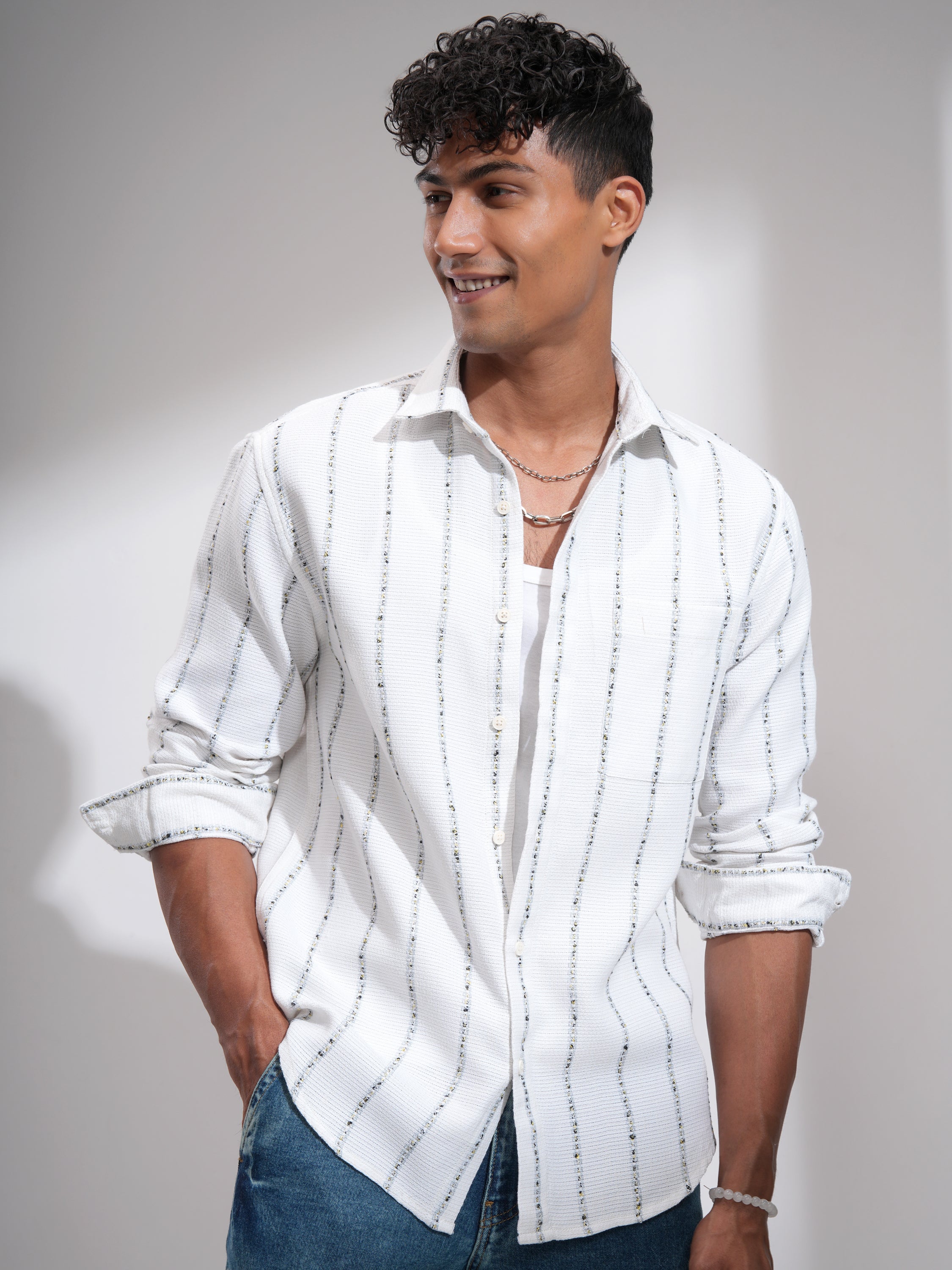 Highlander Men White Striped Relaxed Fit Casual Shirt - White - Image 4