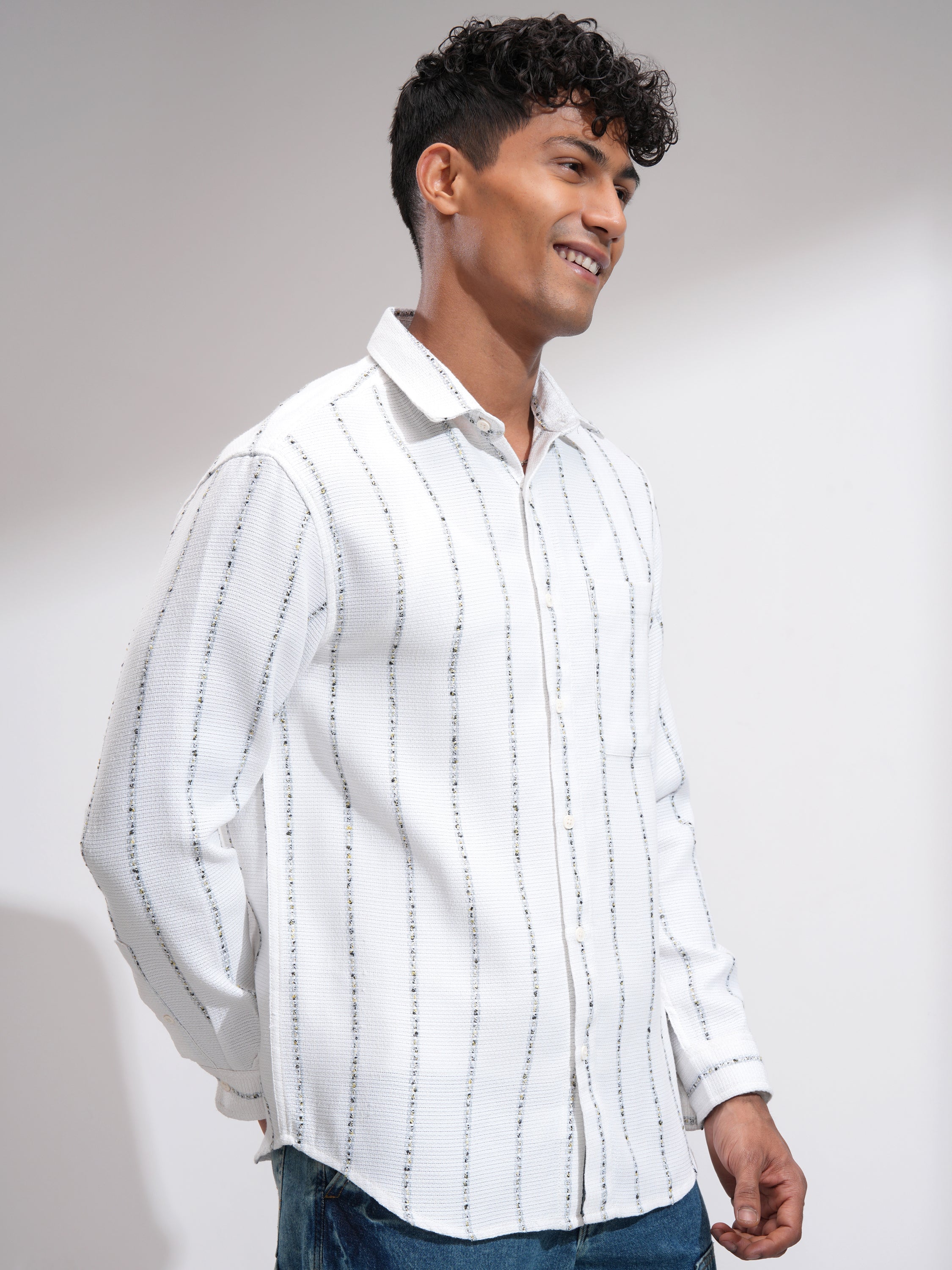 Highlander Men White Striped Relaxed Fit Casual Shirt - White - Image 6