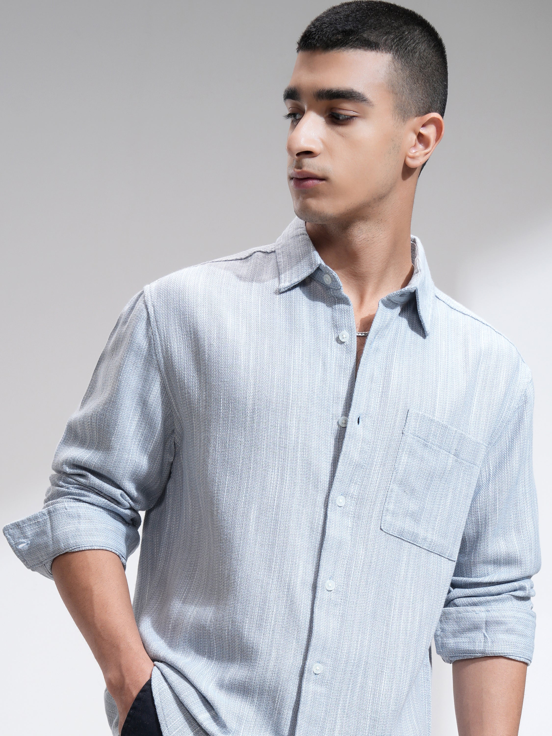 Highlander Men Blue Self Design Relaxed Fit Casual Shirt - Blue - Image 1