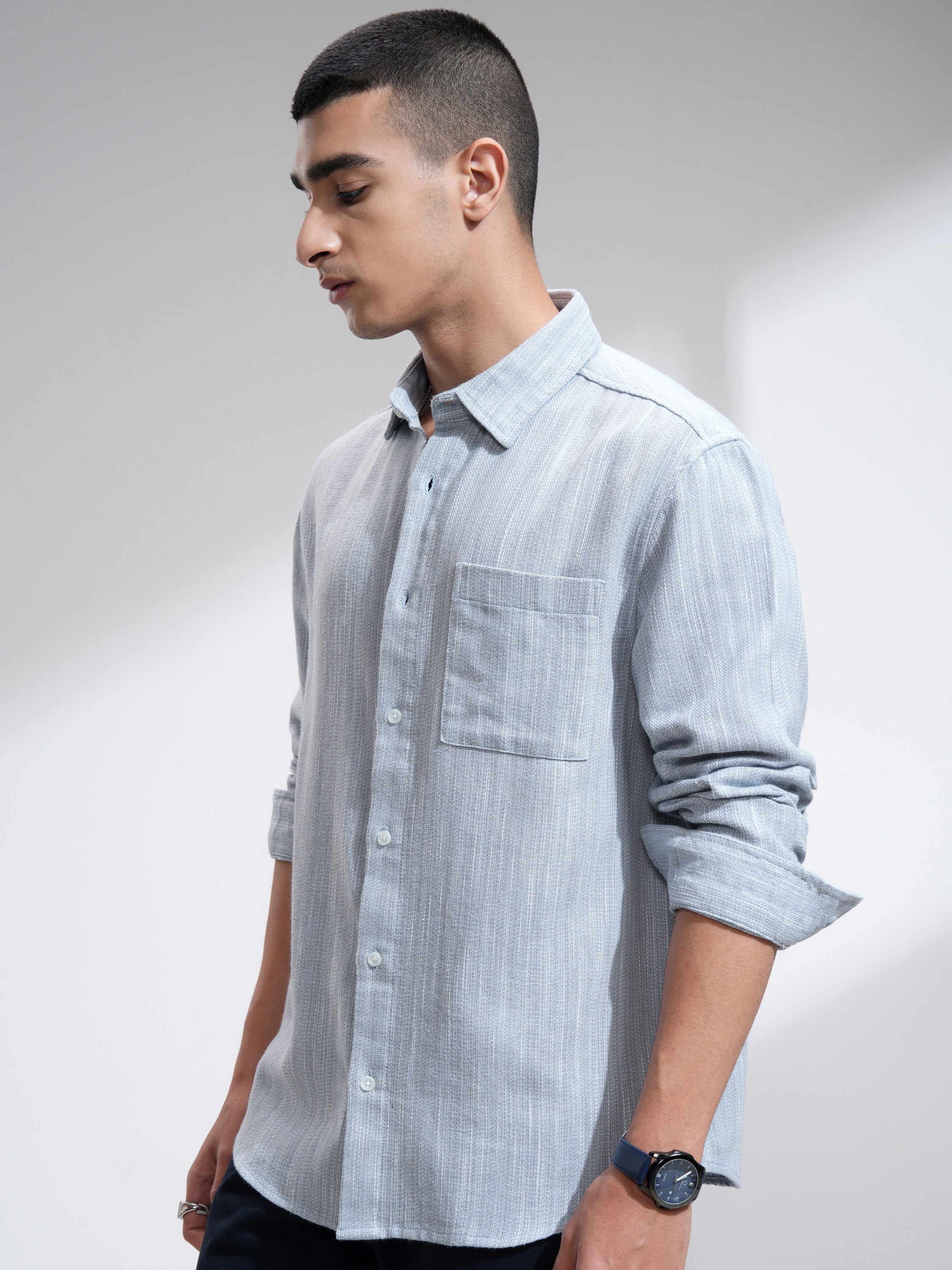 Highlander Men Blue Self Design Relaxed Fit Casual Shirt - Blue - Image 4