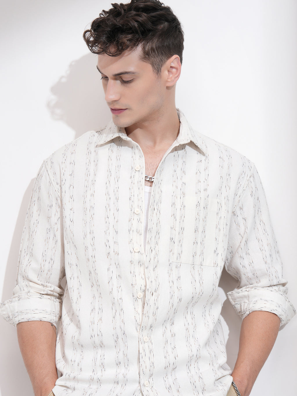 Highlander Men Cream Striped Relaxed Fit Casual Shirt - Cream - Image 1