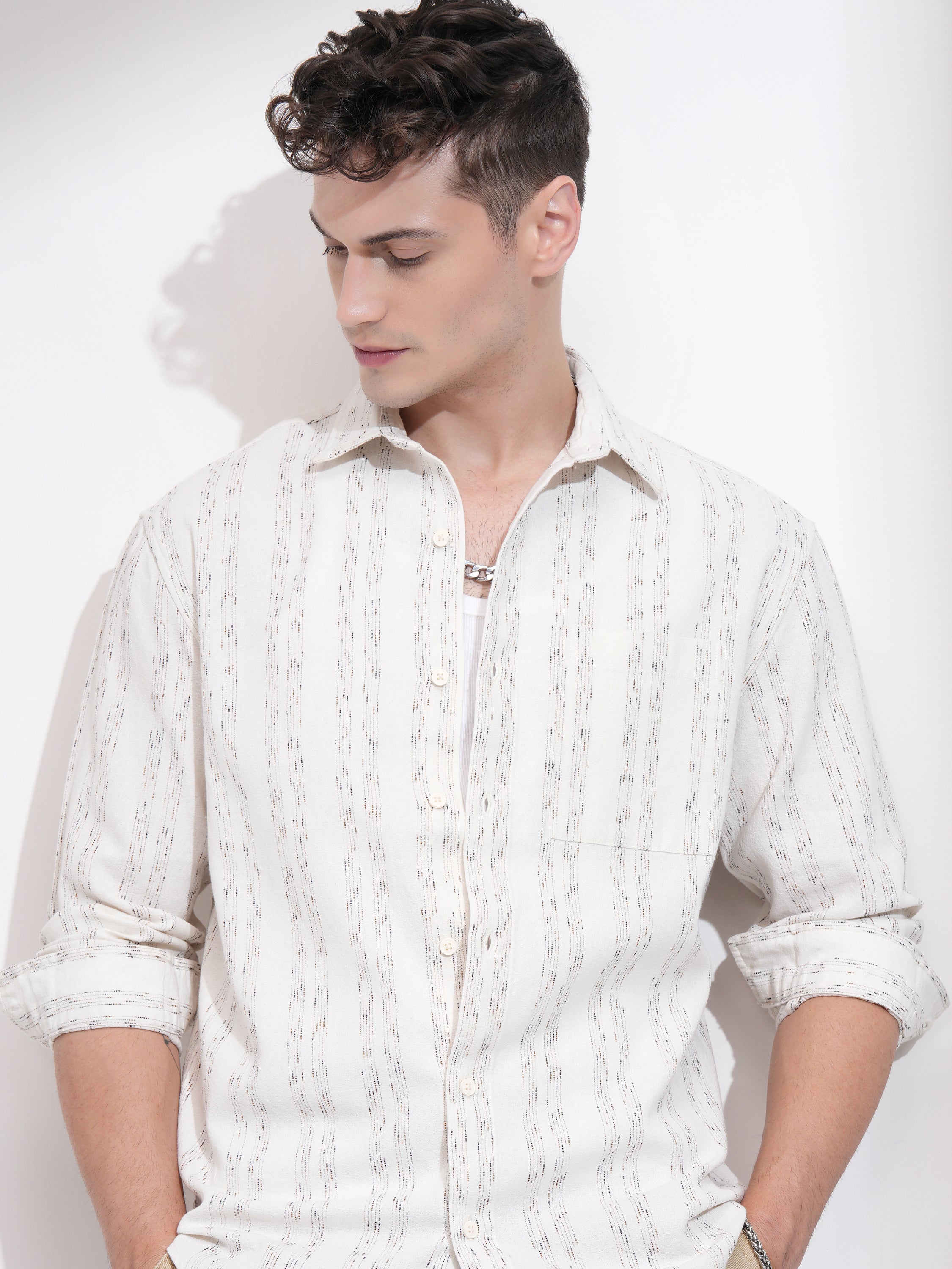 Highlander Men Cream Striped Relaxed Fit Casual Shirt - Cream - Image 1