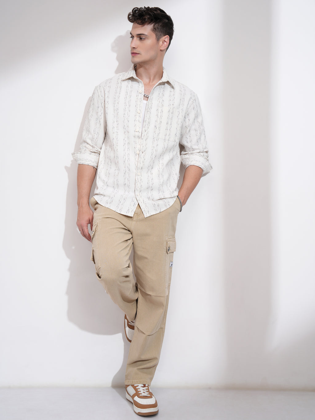Highlander Men Cream Striped Relaxed Fit Casual Shirt - Cream - Image 2