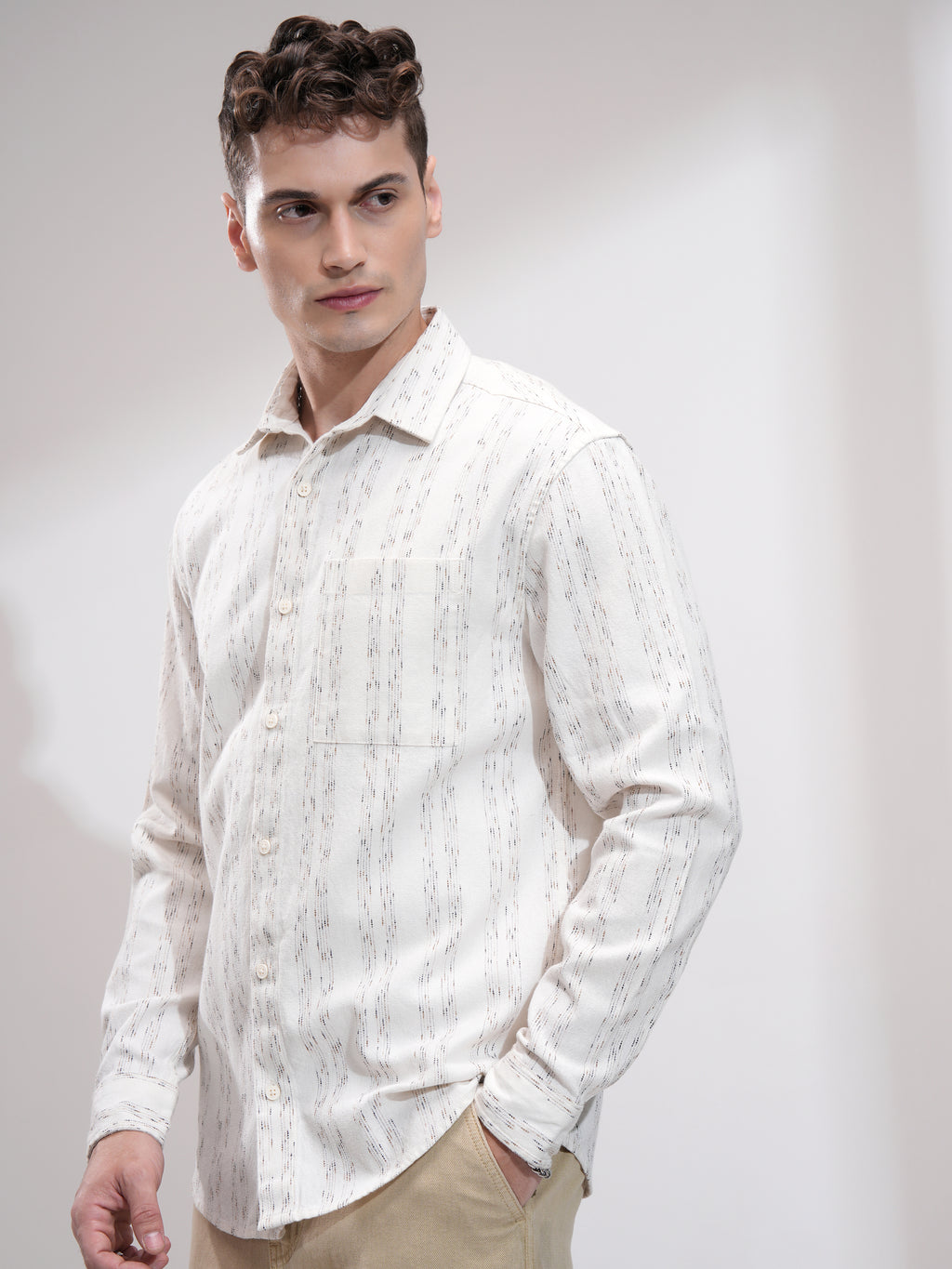 Highlander Men Cream Striped Relaxed Fit Casual Shirt - Cream - Image 4