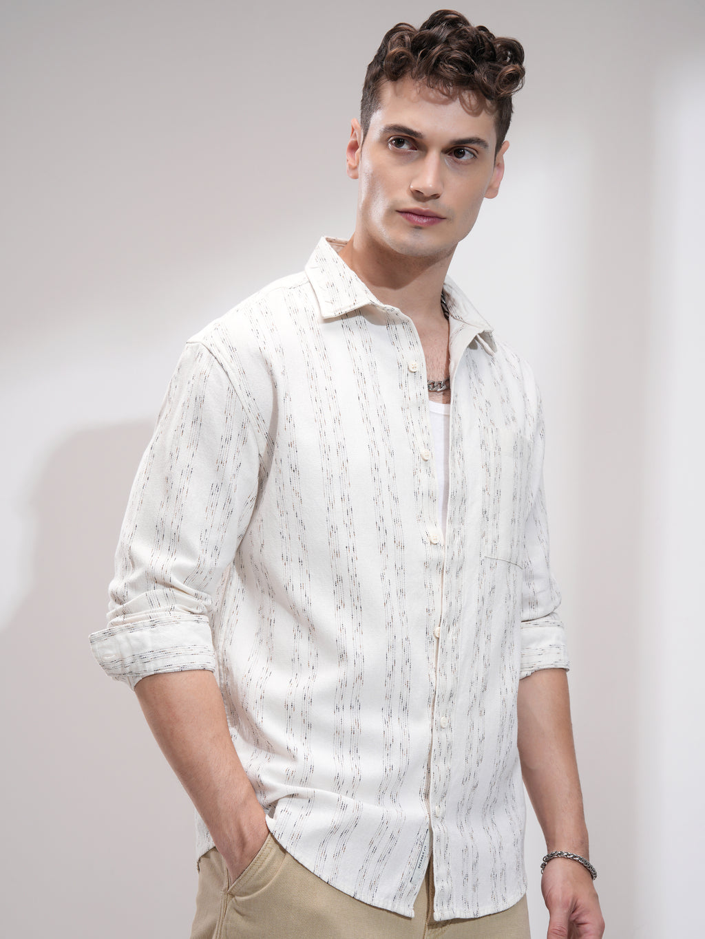 Highlander Men Cream Striped Relaxed Fit Casual Shirt - Cream - Image 6