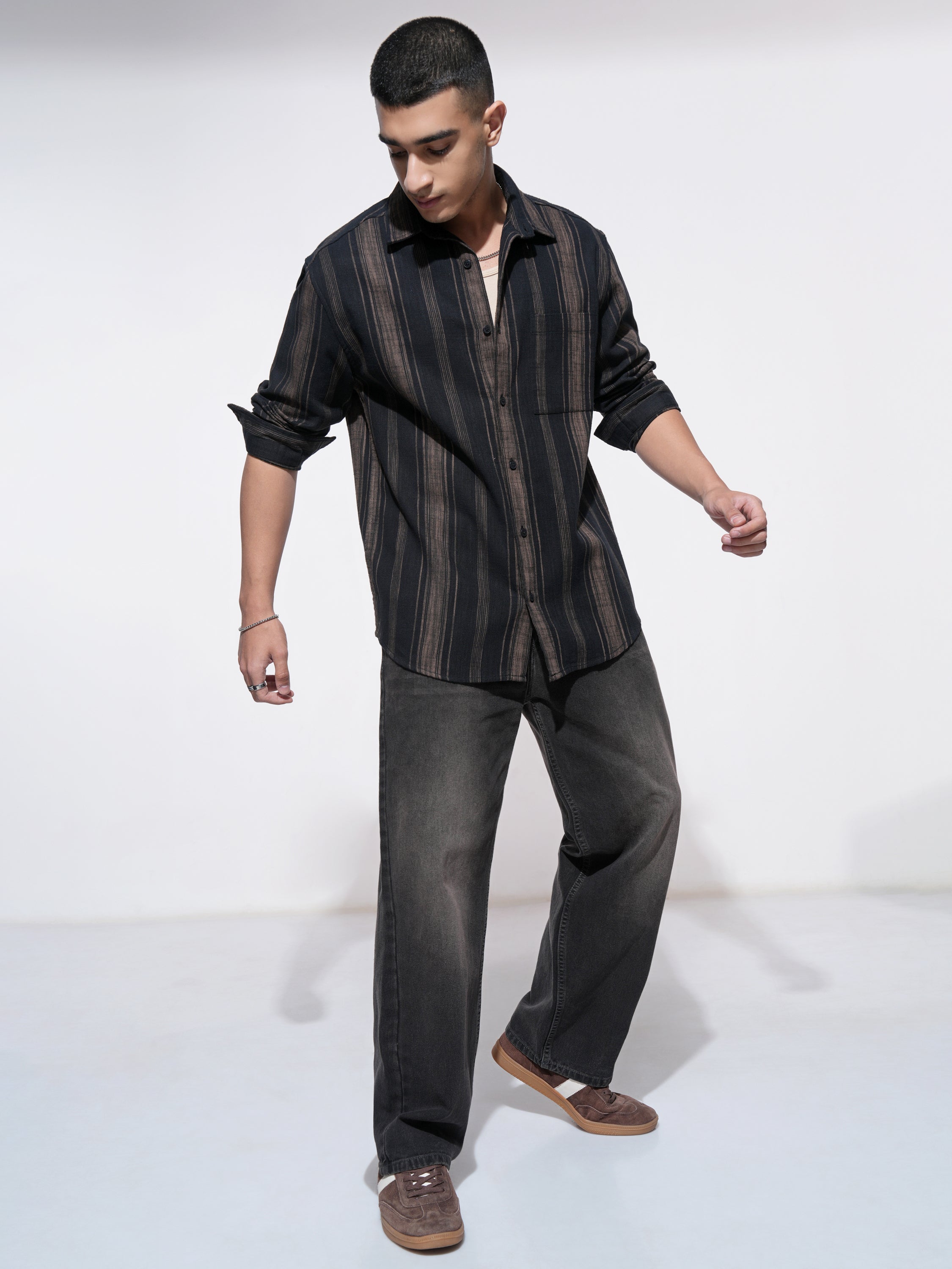 Highlander Men Black Striped Relaxed Fit Casual Shirt - Black - Image 2