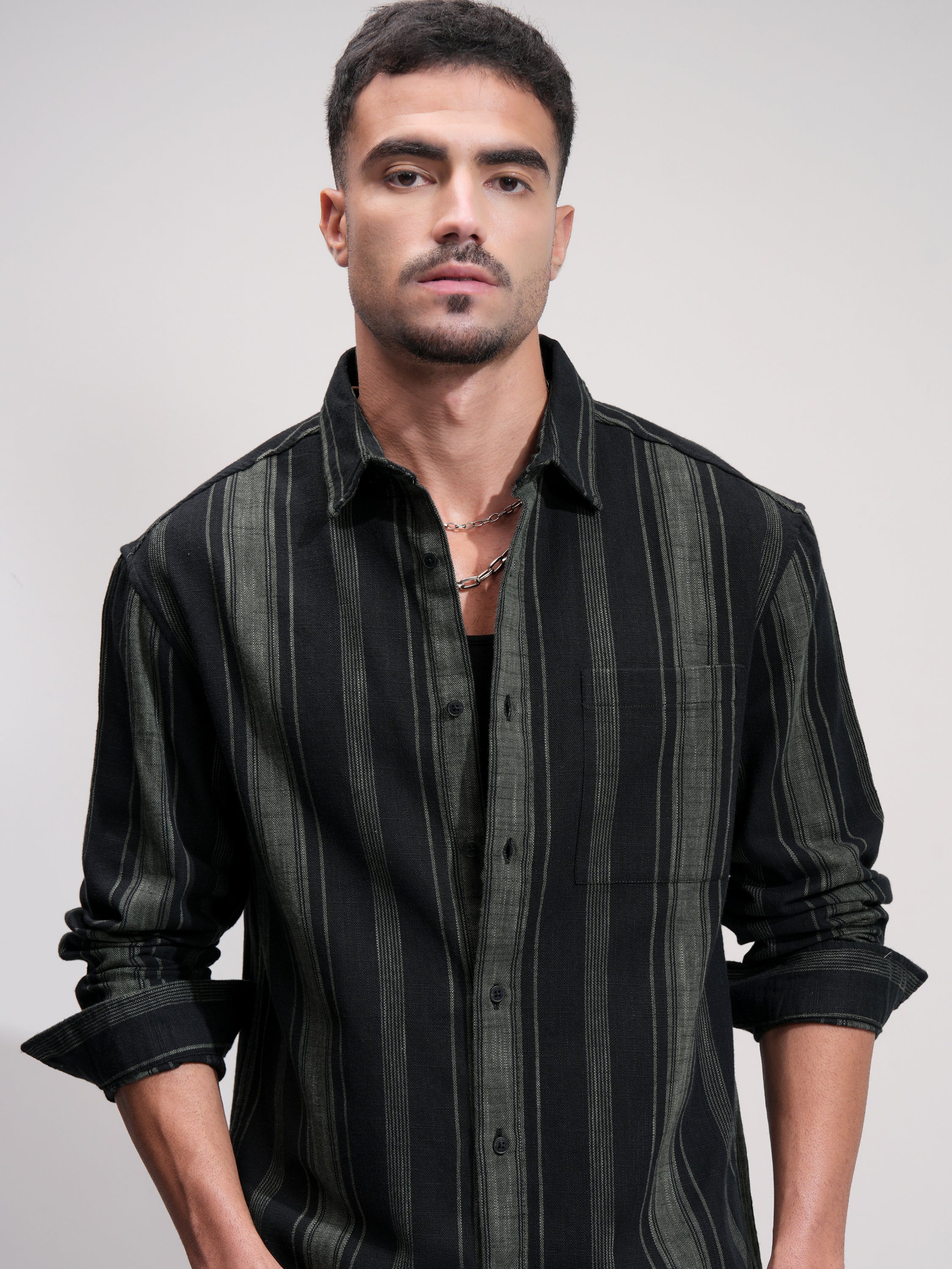 Highlander Men Black Striped Relaxed Fit Casual Shirt - Black - Image 1