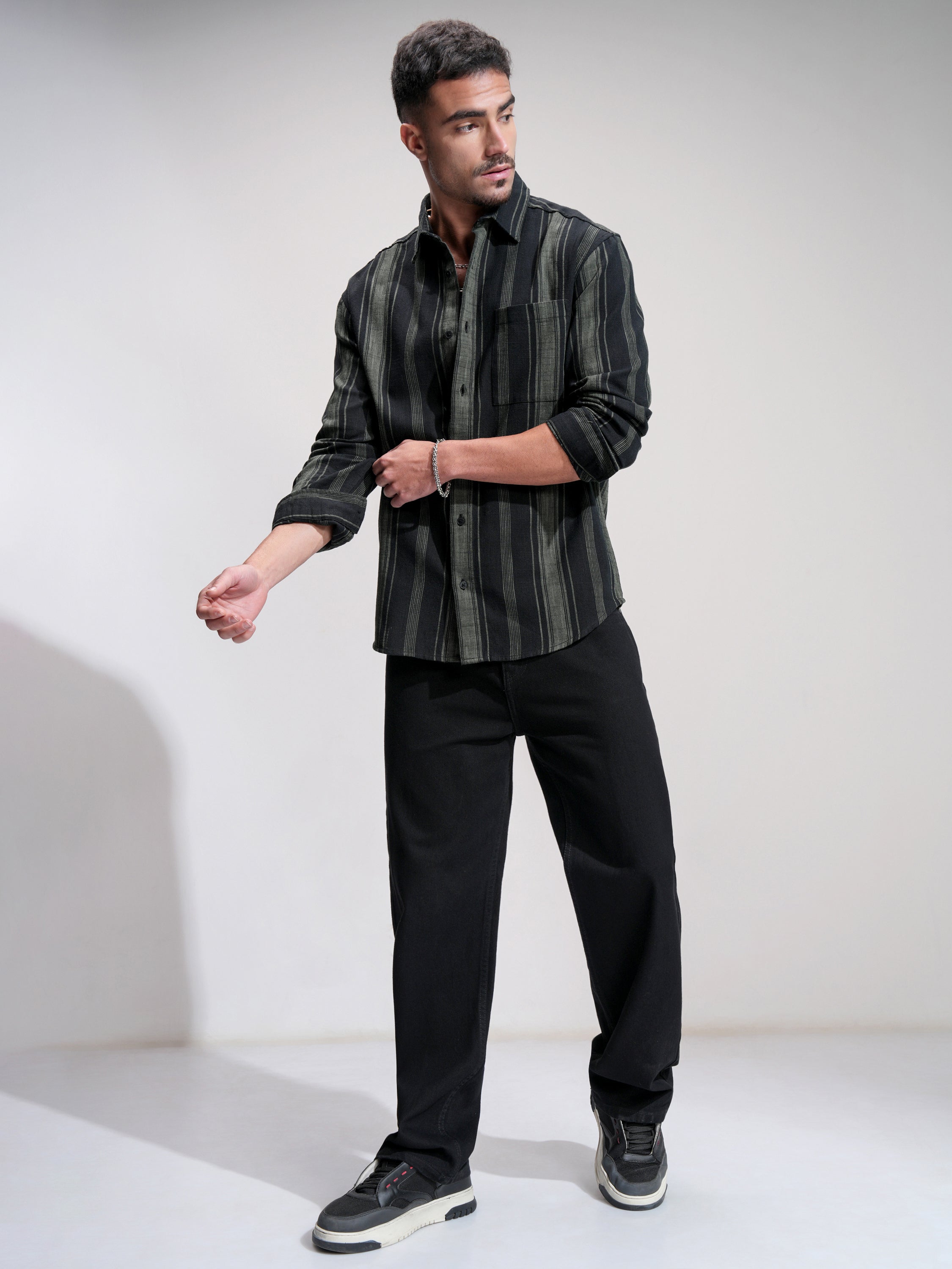 Highlander Men Black Striped Relaxed Fit Casual Shirt - Black - Image 2